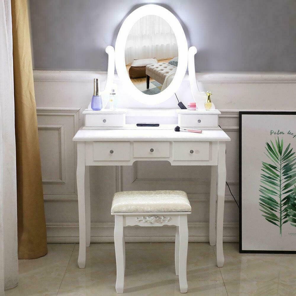 Makeup Dressing Table Vanity Set With Mirror 10 Led Lights for Bedroom White