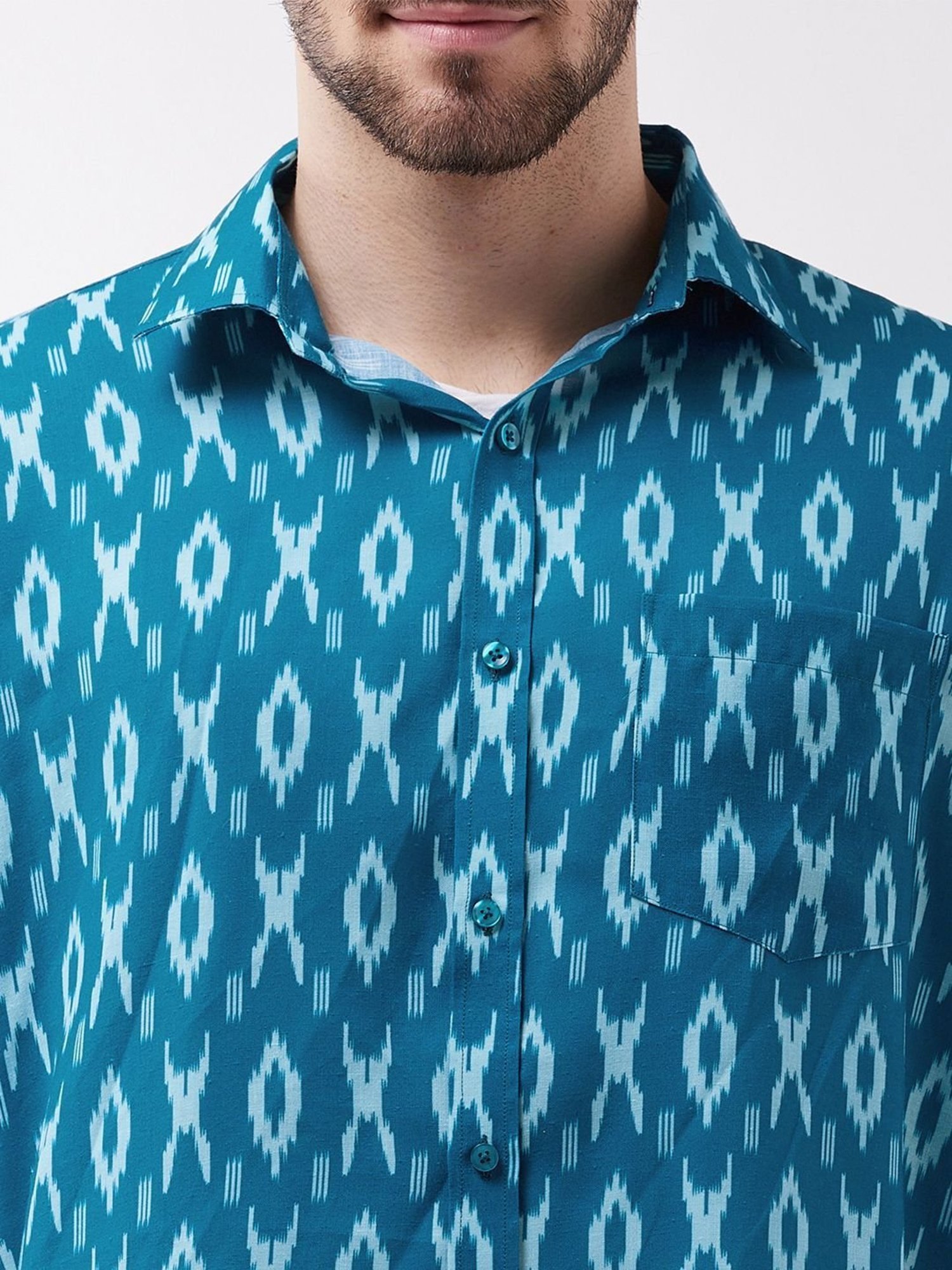 Vastramay Turquoise Cotton Straight Fit Printed Shirts