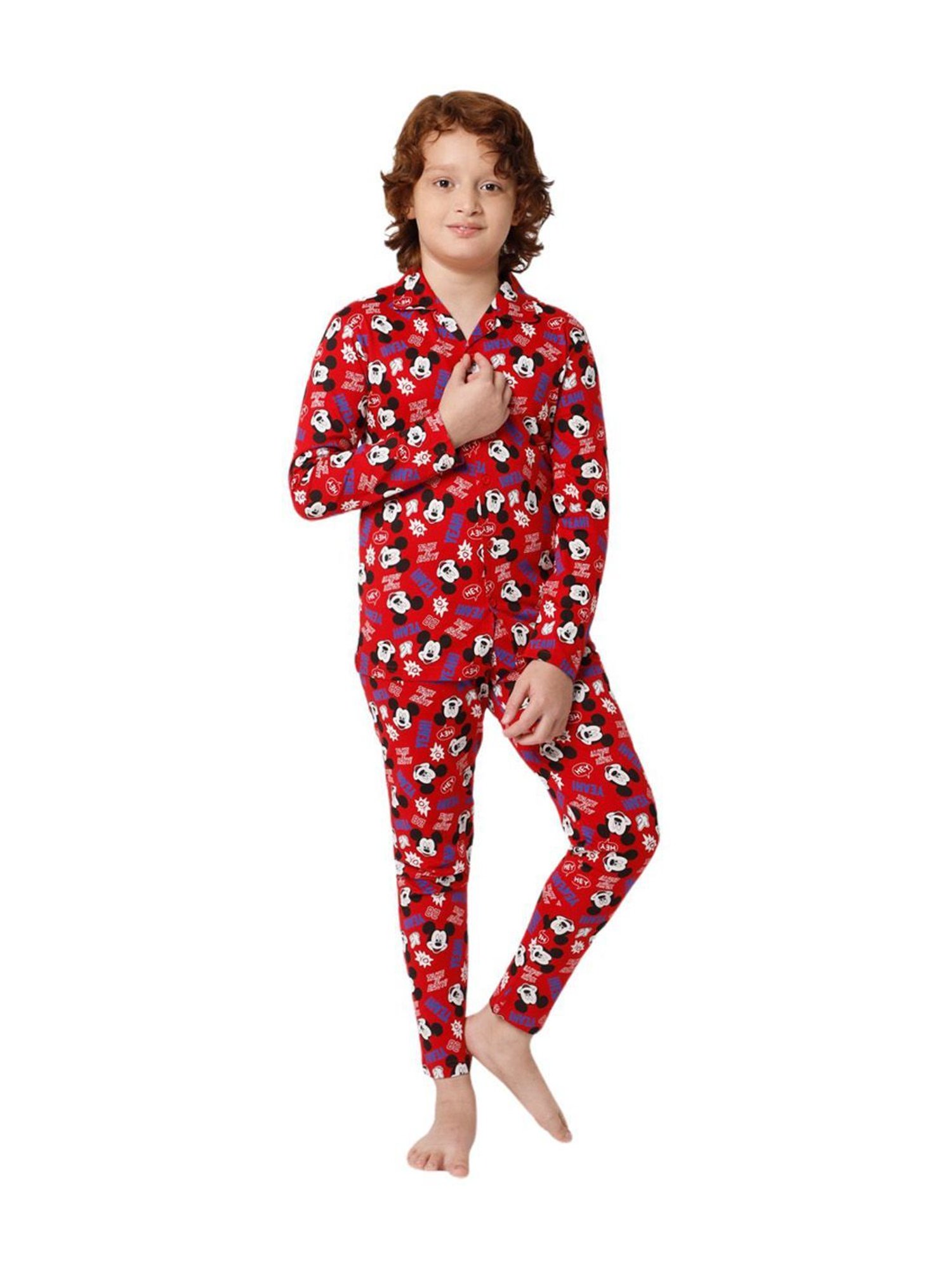 Proteens Boys Red Cotton Printed Full Sleeves Mickey Mouse Shirt set