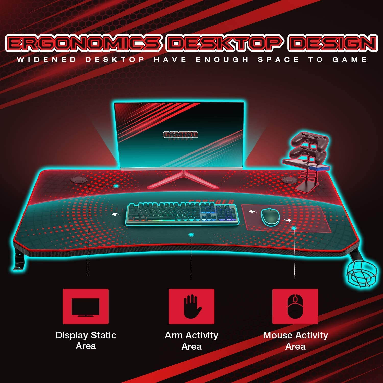 Devoko Gaming Desk 63 Inch Computer Gaming Desk Z-Shaped Pc Gaming Desk with Carben Fiber Surface Gamer Desk with Free Mouse Pad Home Office Desk with Cup Holder and Headphone Hook (Red)