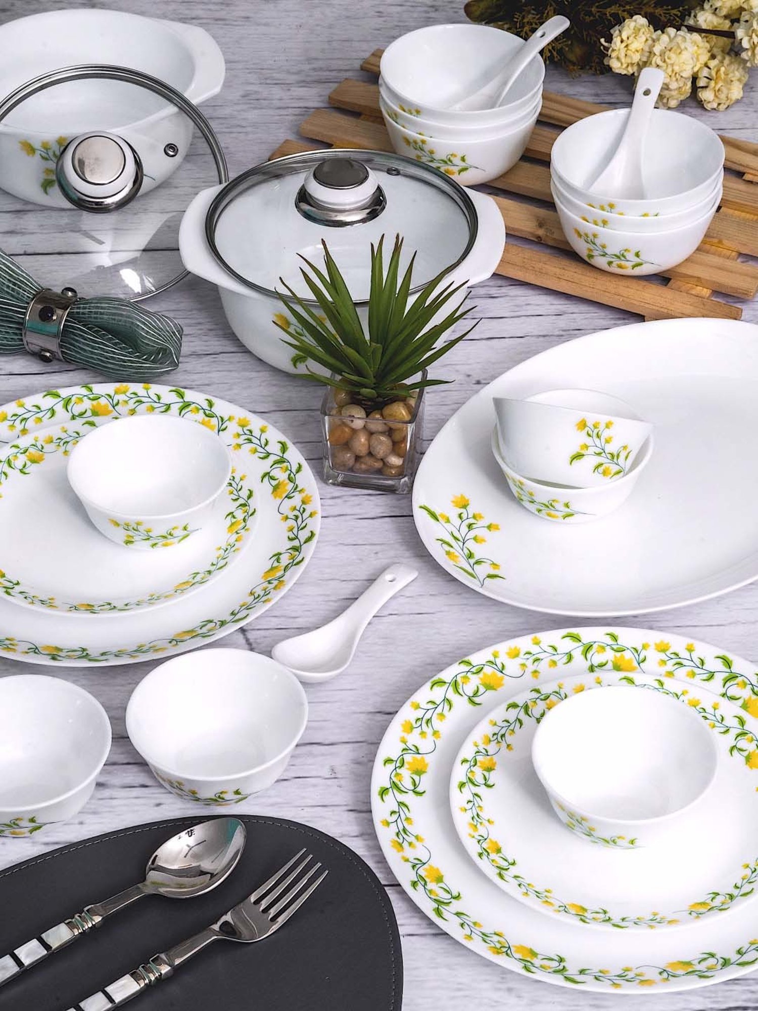 Cello White Opalware 35-Piece Dinner Set