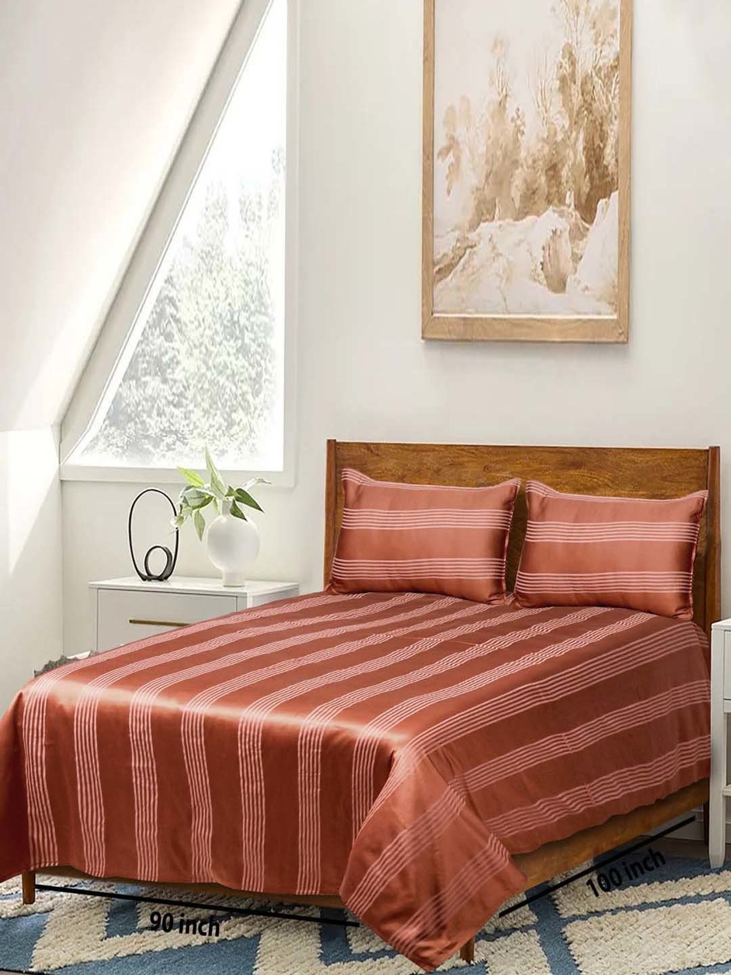 Saral Home Easy Living Rust Cotton Dhari Soft Self Pattern Queen Bed Sheet With Pillow Covers