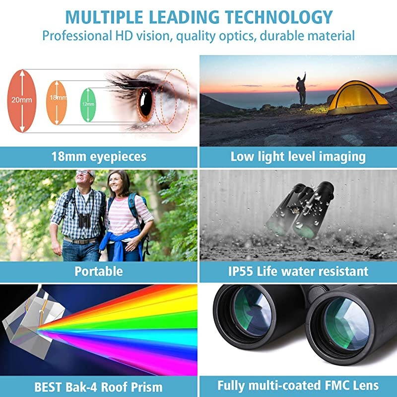 Powerful Binoculars with Clear Weak Light Vision Lightweight 11 lbs Binoculars for Birds Watching Hunting Sports Large Eyepiece Binoculars for Adults with BAK4 FMC Lens