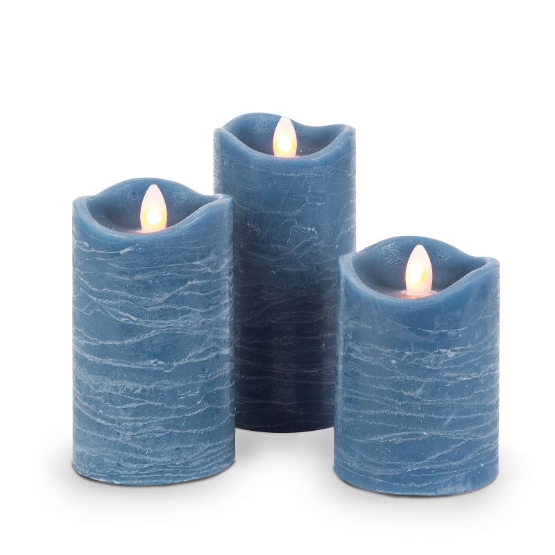 Everlasting Glow Set of Three 3 Blue LED Pillar Candles with Aurora(R) Flame and Remote Control