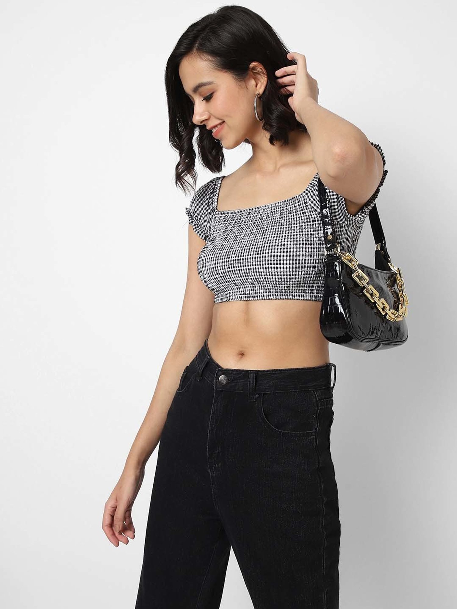 VASTRADO Black Cotton Chequered Crop Top