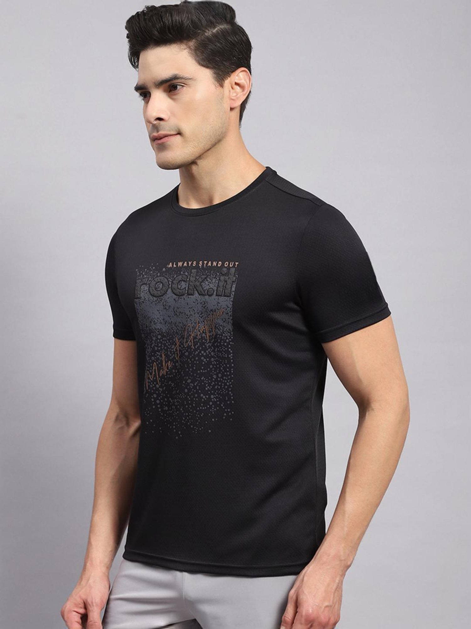Rock.it Black Regular Fit Self Pattern T-Shirt