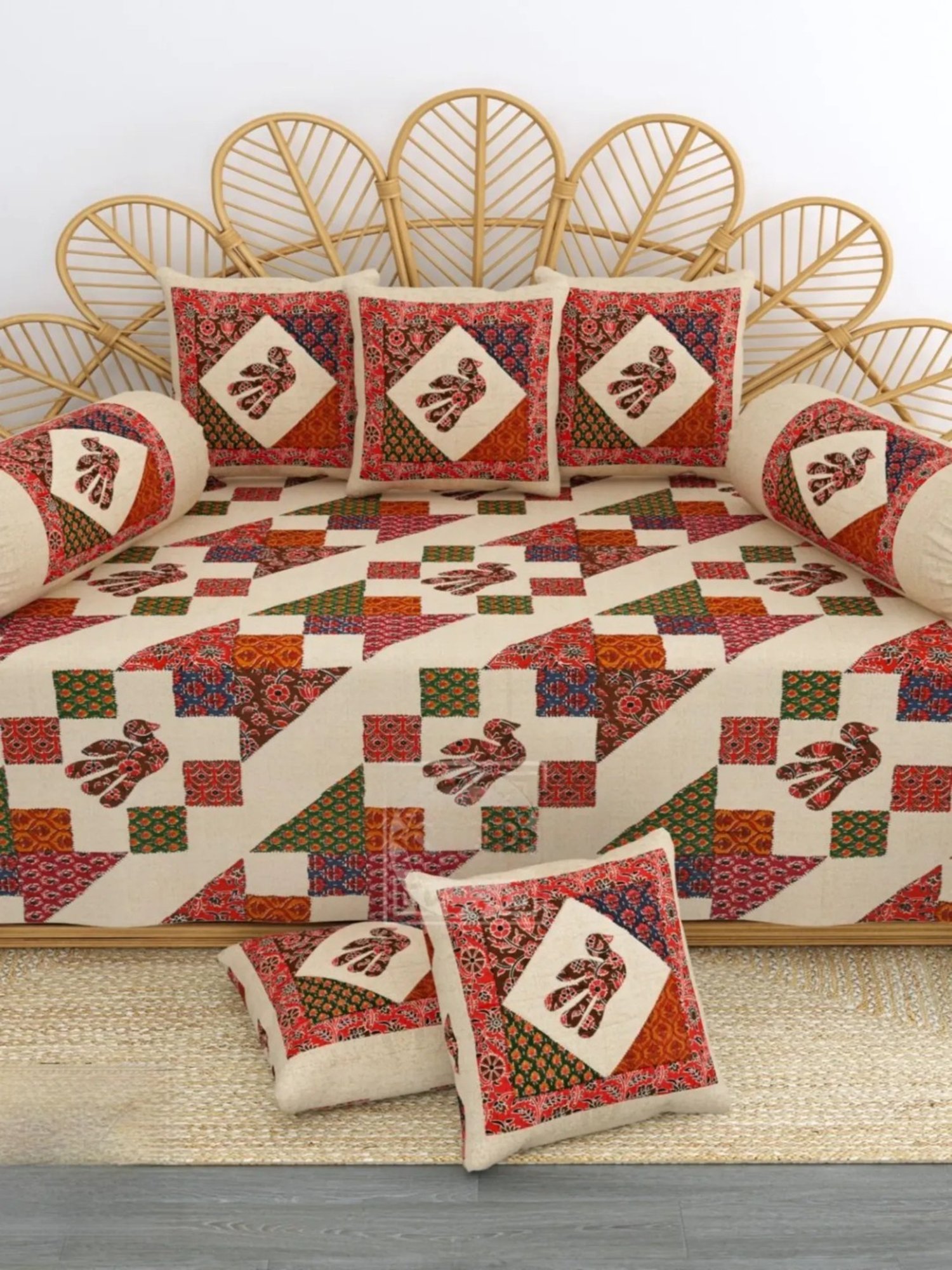 Living Roots Printed Orange 300 TC Cotton Single Diwan - Set of 8