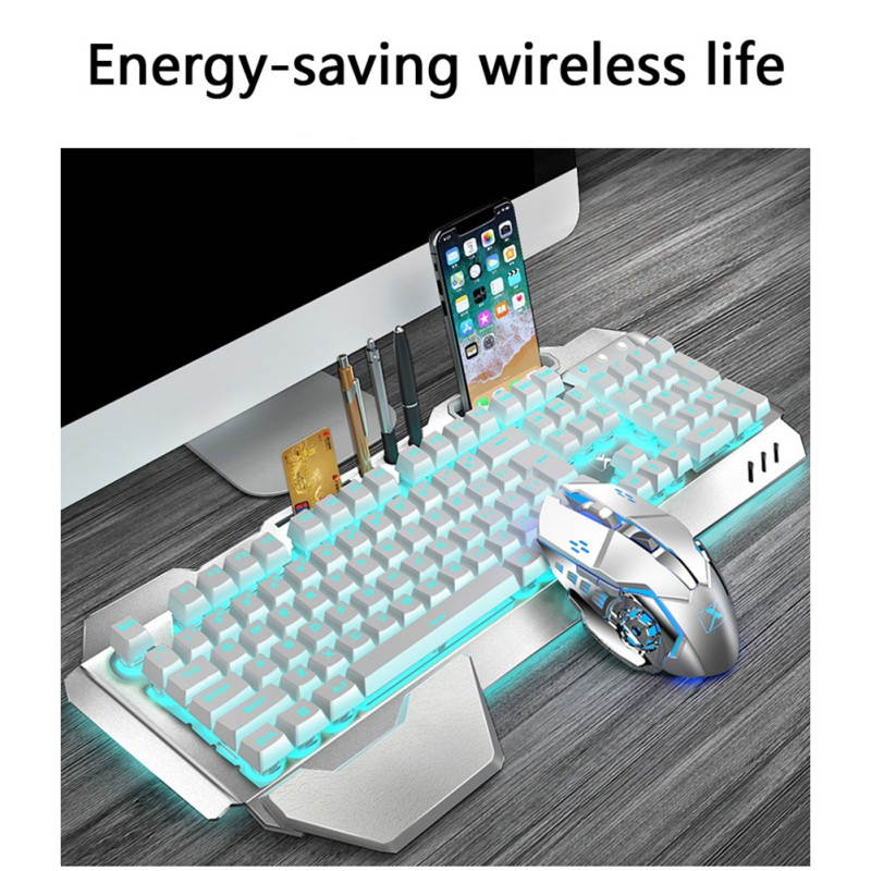 Wireless Gaming Keyboard and Mouse Combo with Rainbow LED Backlit Rechargeable  Battery Metal Panel Mechanical Keyboard