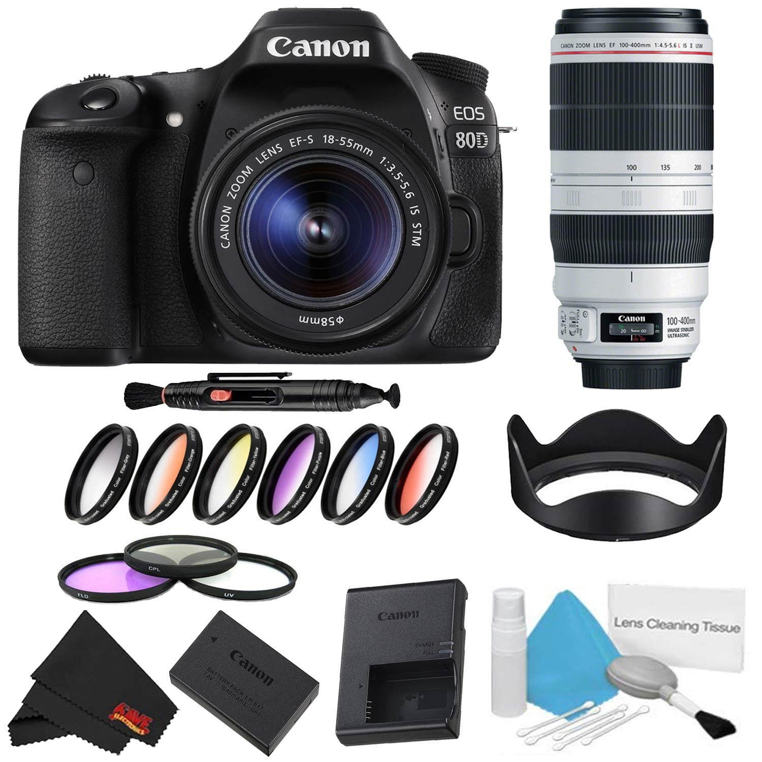 Canon EOS 80D DSLR Camera with 18-55mm Lens Bundle w/ 9 Piece Filter Kit + 100-400mm Lens (Intl Model)