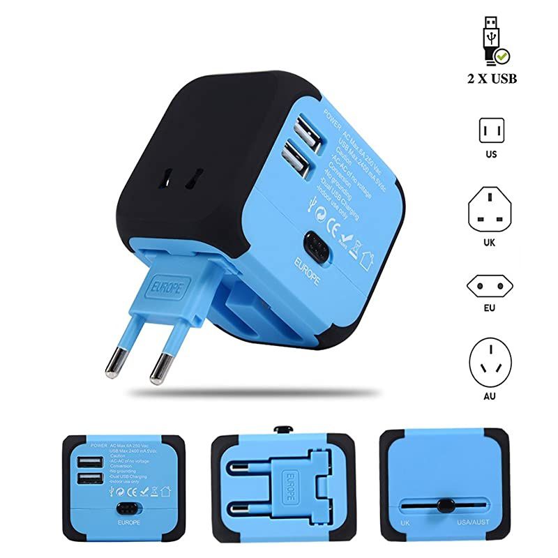 Universal International Travel Power Adapter with 2.4A Dual USB Wall Charger, European Adapter, Worldwide AC Outlet Plugs(A-Type Blue) Adapters for Europe, UK, US, AU, Asia
