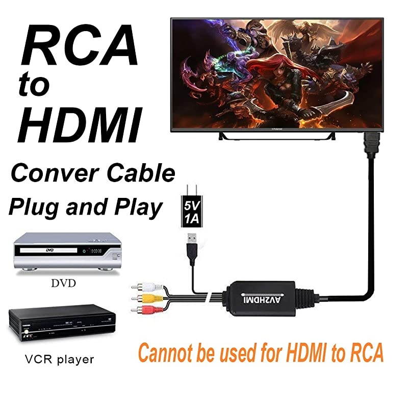 RCA to HDMI Converter Cable,  AV to HDMI Adapter Cable Cord, 3RCA CVBS Composite Audio Video in to 1080P HDMI Out Supporting PAL NTSC for Wii VHS VCR Camera DVD (RCA to HDMI - Kit-Black)