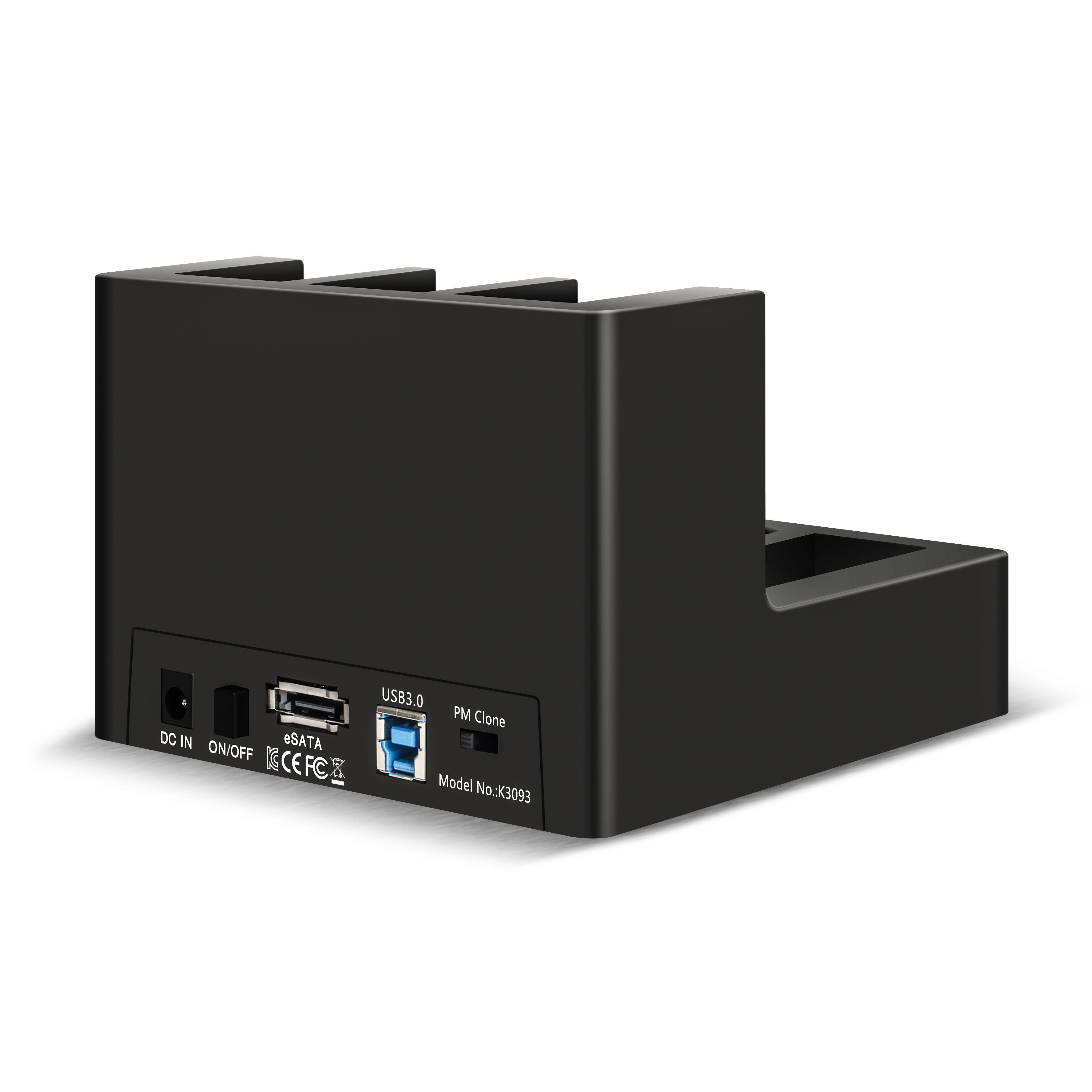 K3093 1:2 Usb3.0 Clone Docking Station
Three Bay Docking Station,Usb3.0&Esata To 3Sata
Support Clone From A To B&C 
With 5A Power Adapter,Support Clone From A To B&C