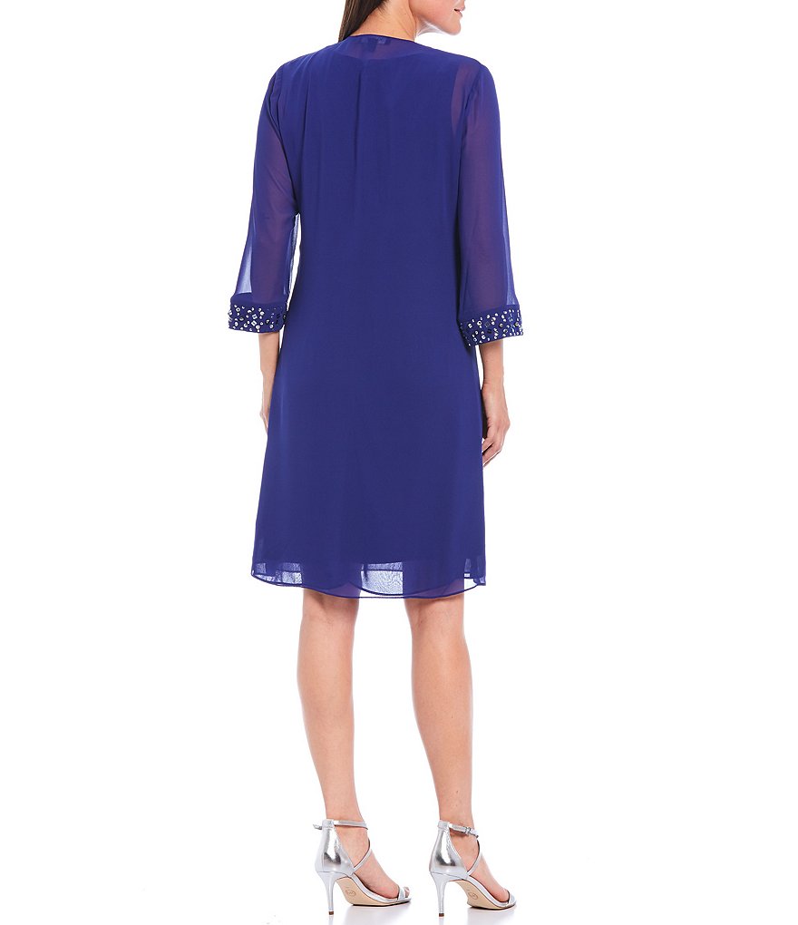 Kay Unger Long Bishop Sleeve V-Neck Crepe A-Line Dress