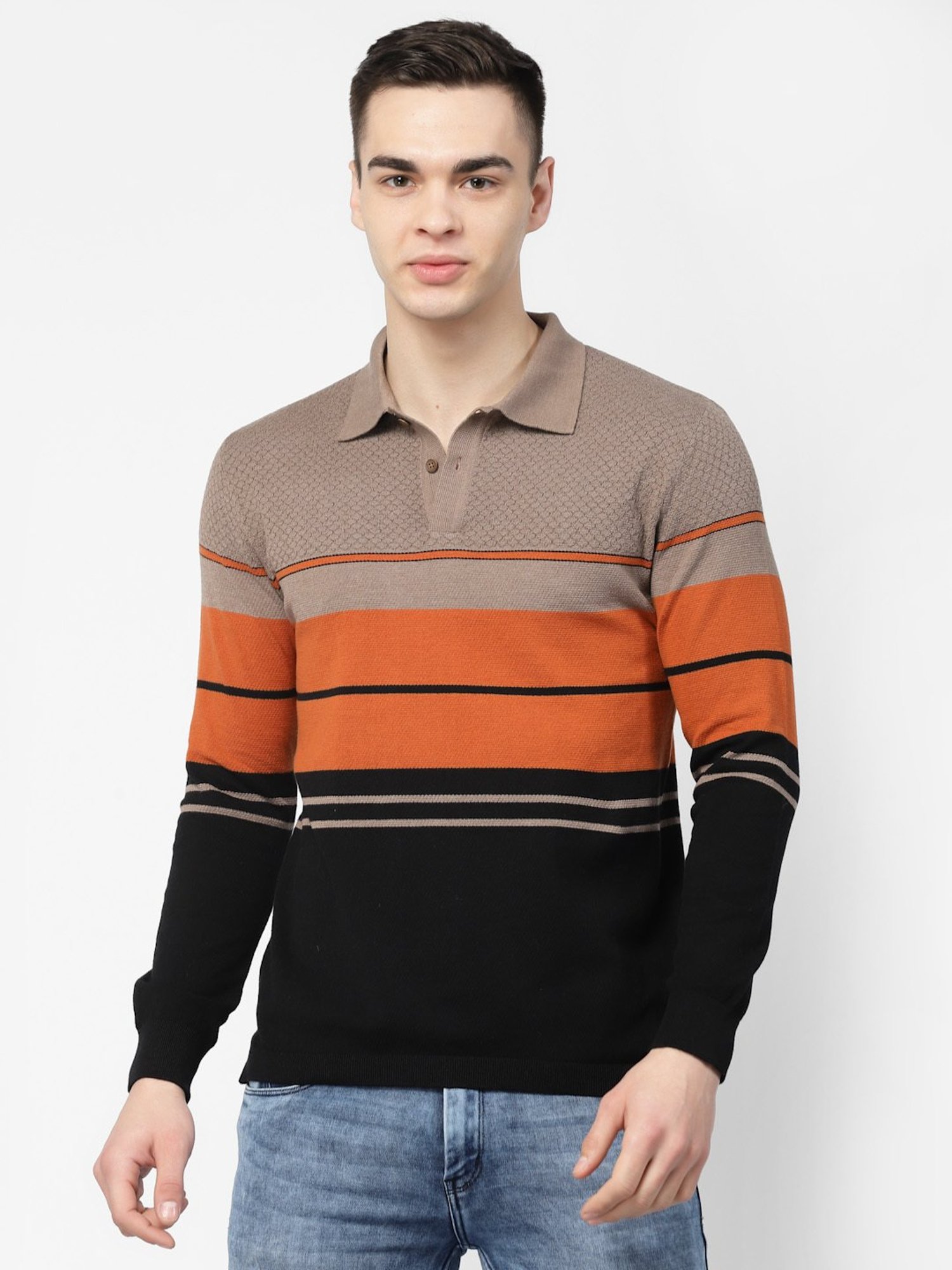 Kalt Black & Rust Regular Fit Striped Polo T-Shirt