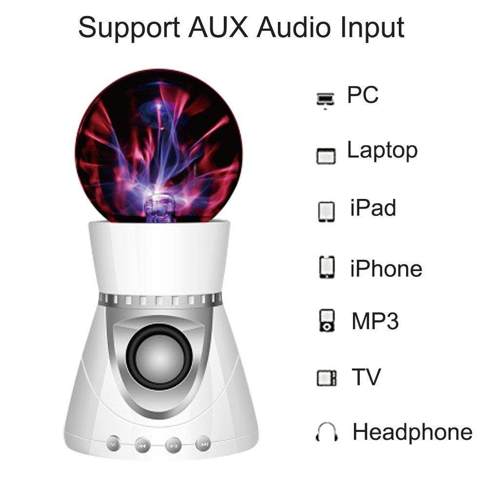 EIGIIS Portable Bluetooth Speaker Magic Plasma Ball Fantastic Lightening 3D Stereo Subwoofer Mini Music Speaker with TF Card Slot for Halloween Thanksgiving Day Christmas (White and Silver)