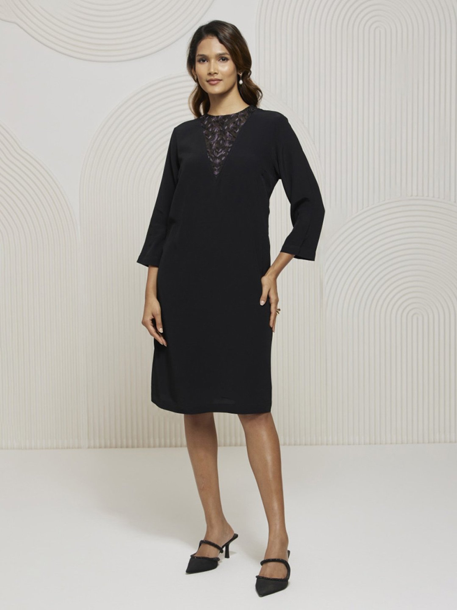 Artagai Jet Set Shift Dress with Embroidered Organza Neck