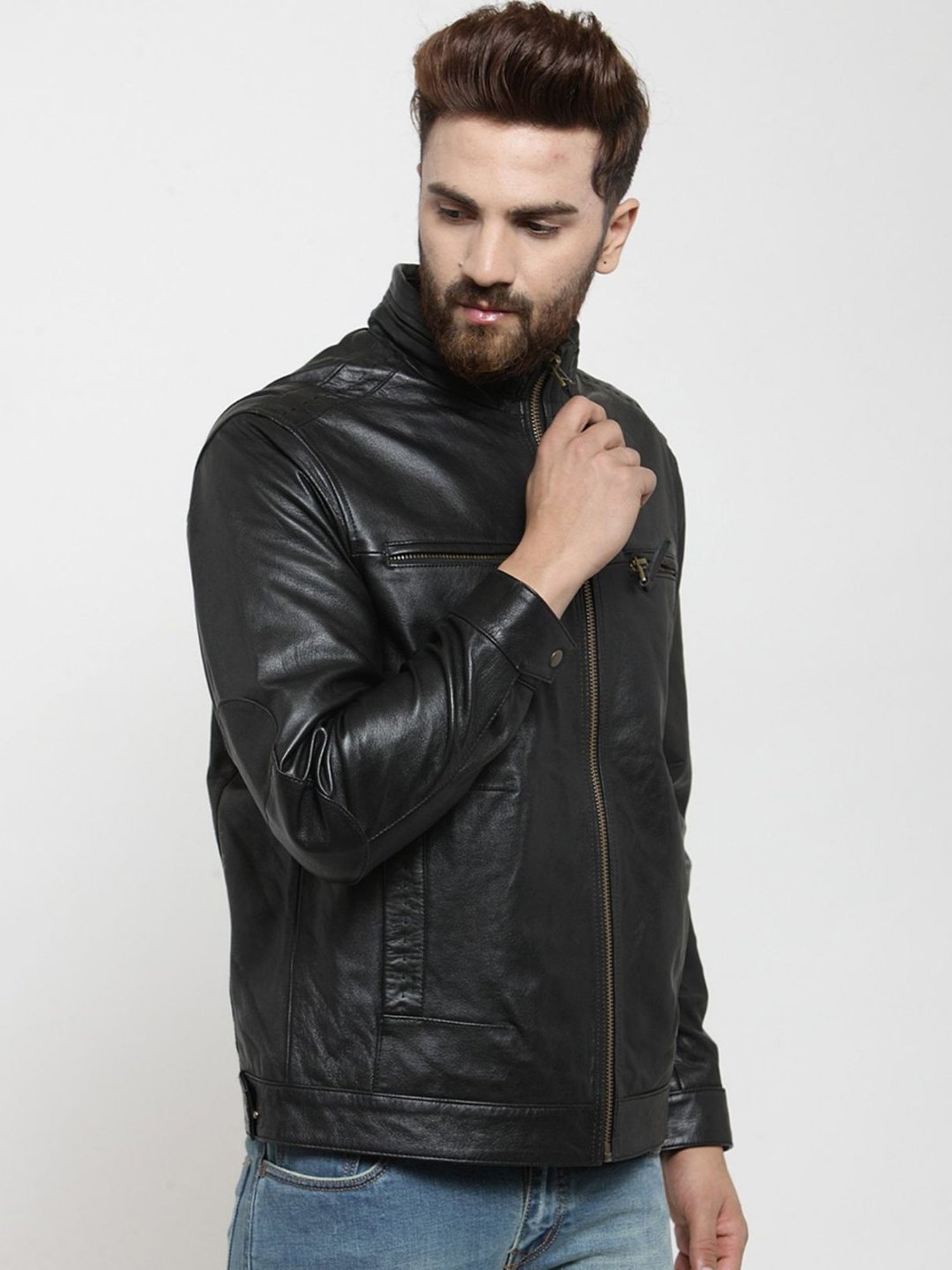 Teakwood Leathers Black High Neck Leather Jacket