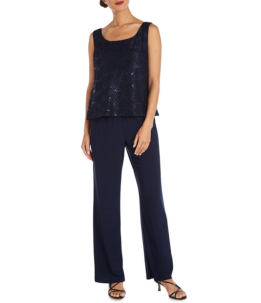 R & M Richards 3-Piece Sequin Glitter Scallop Lace Duster Pant Set