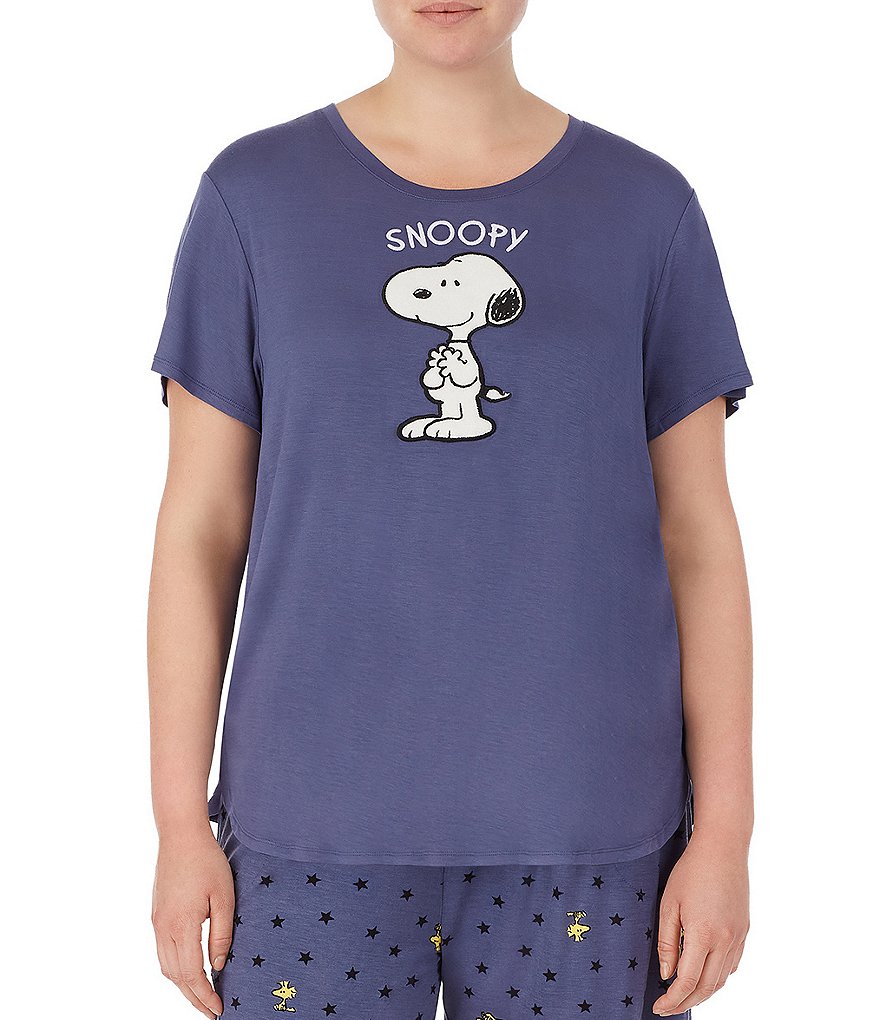 Peanuts Plus Snoopy Appliqued Solid Jersey Knit Sleep Tee