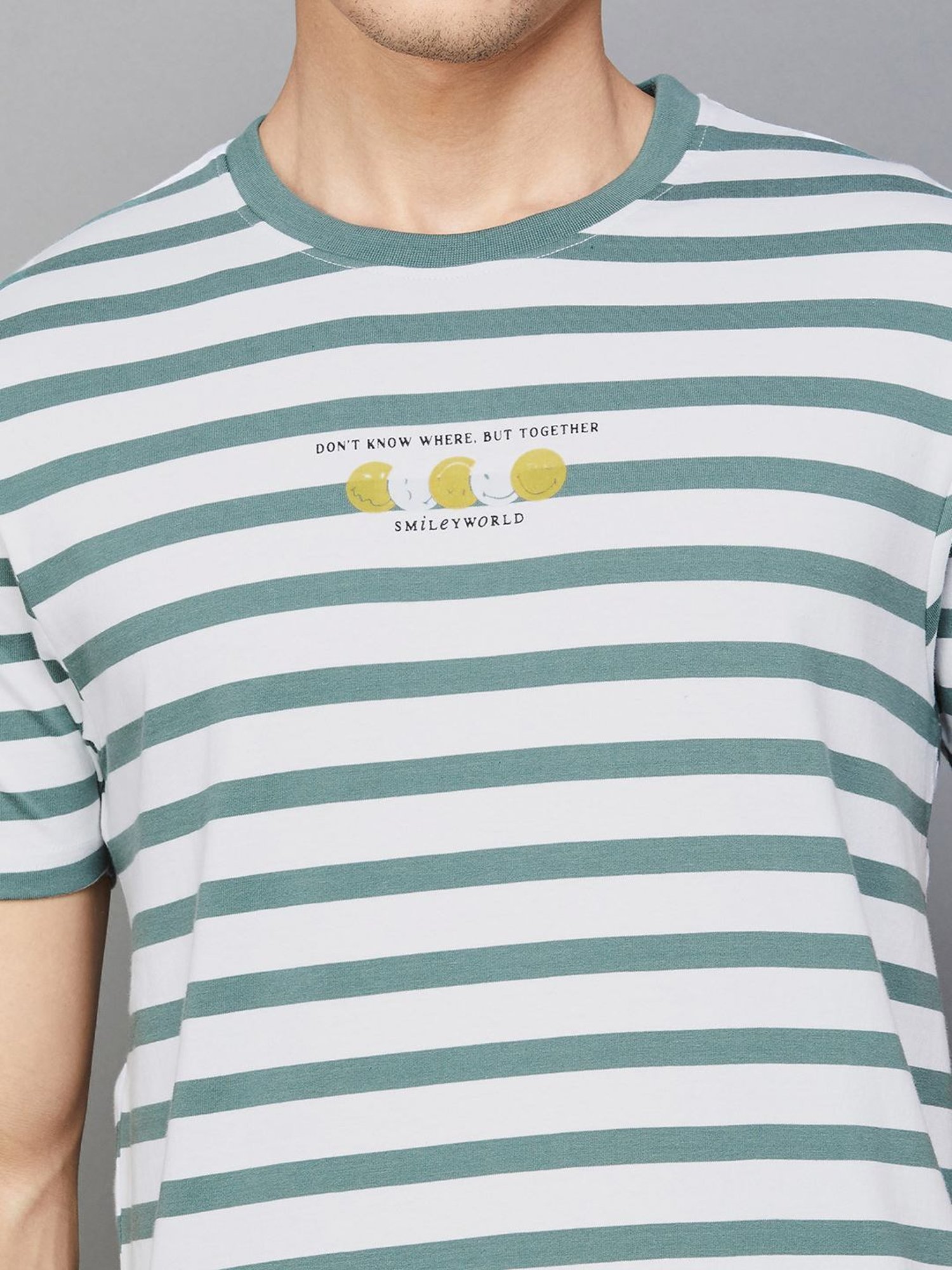 Smileyworld Olive Cotton Regular Fit Striped T-Shirt