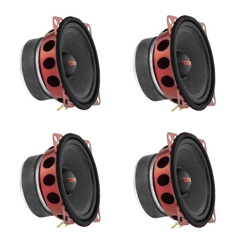 DS18 PRO-X4M Pro X 4 Inch 200 Watt Max 100 RMS 8 Ohm Mid Range Car and Truck Door Loudspeaker with Red Steel Basket Cone Design (4 Pack)