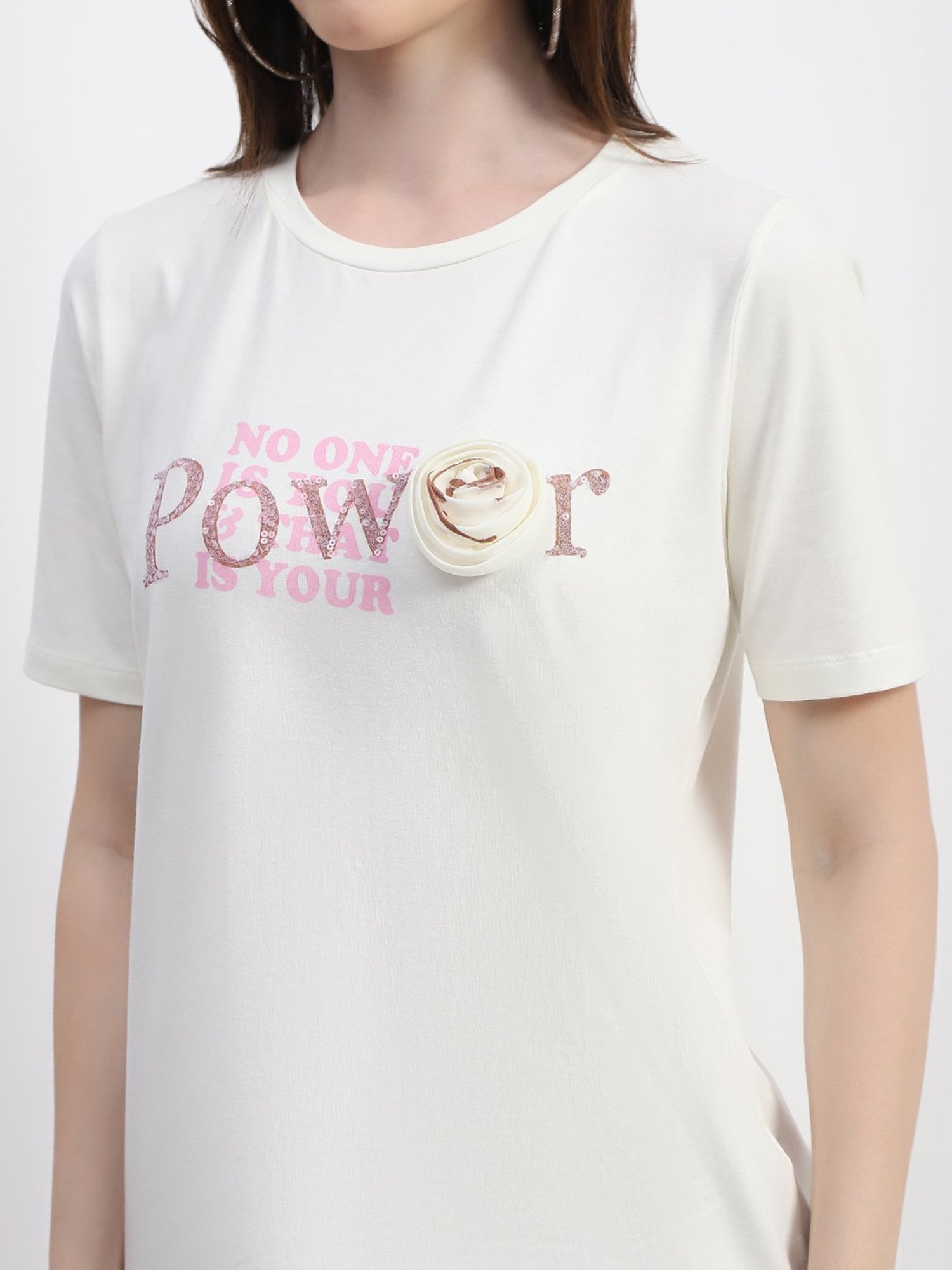 MADAME Off White Cotton Embellished T-Shirt