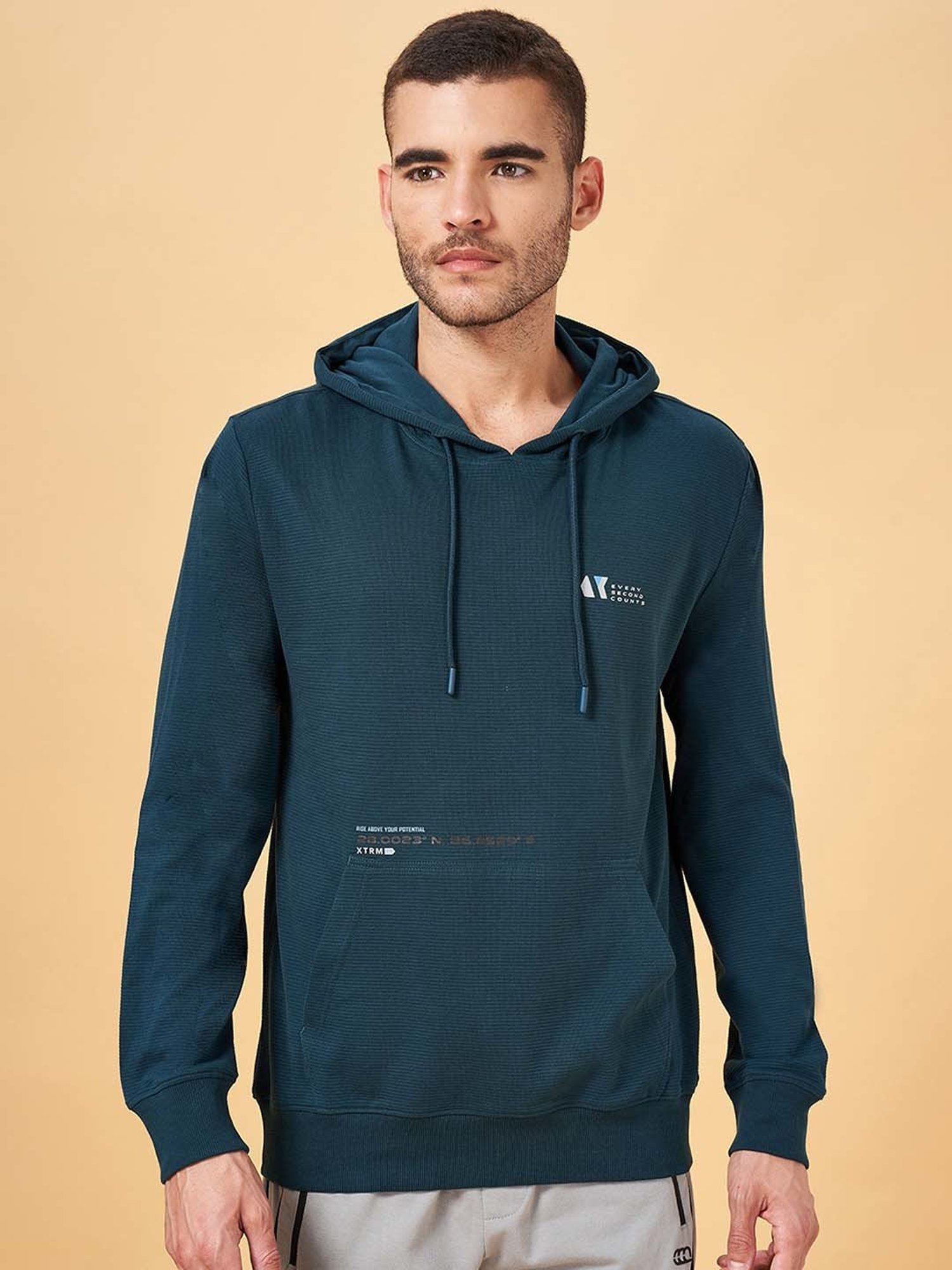 Ajile by Pantaloons Teal Slim Fit Printed Hooded Sweatshirt