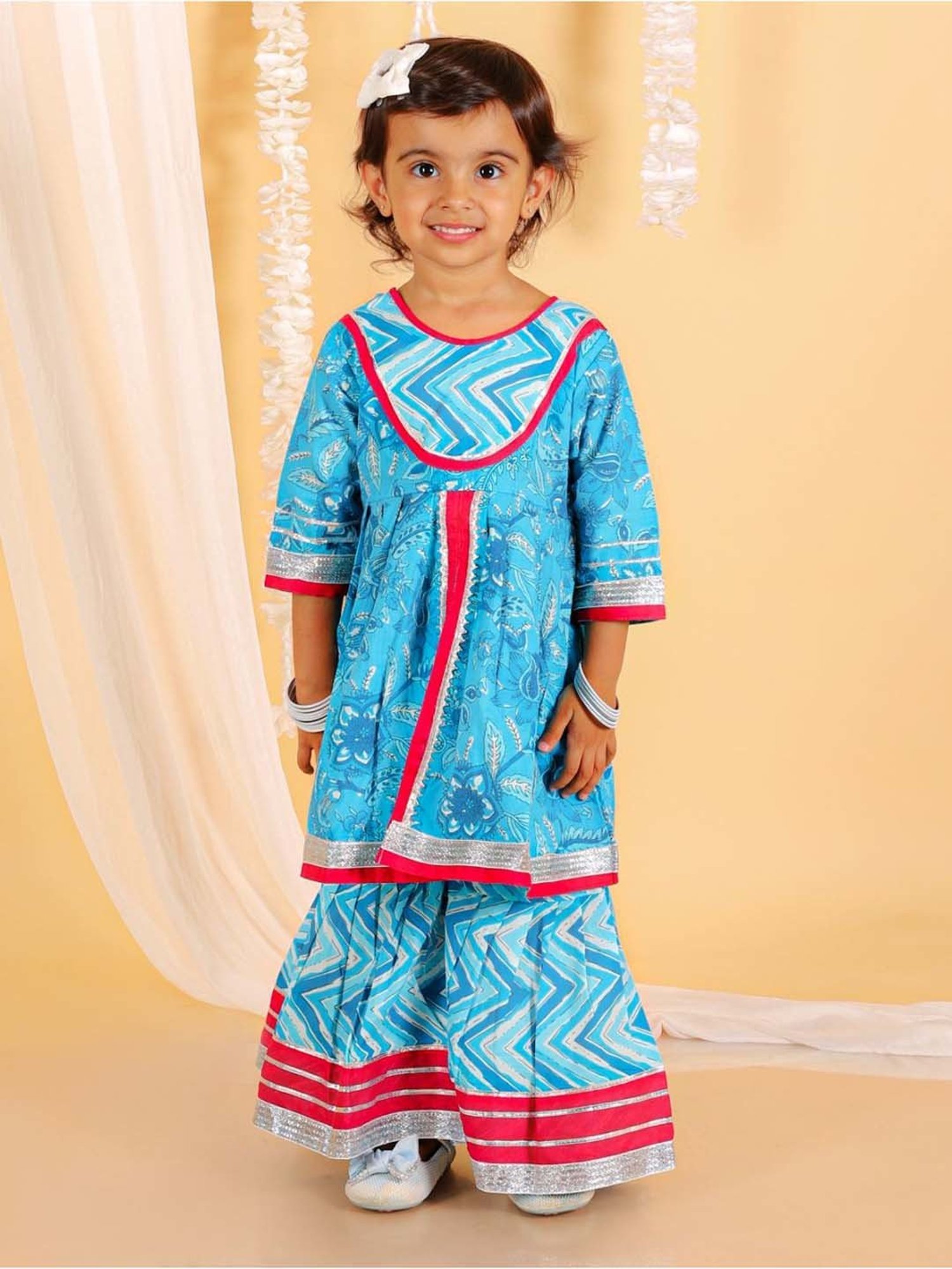The Mom Store Kids Sky Blue & Red Cotton Printed Full Sleeves Kurta Set