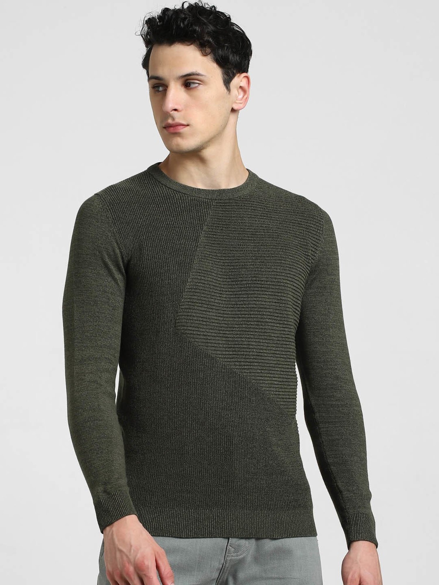 Jack & Jones Dusty Olive Slim Fit Textured Cotton Sweater