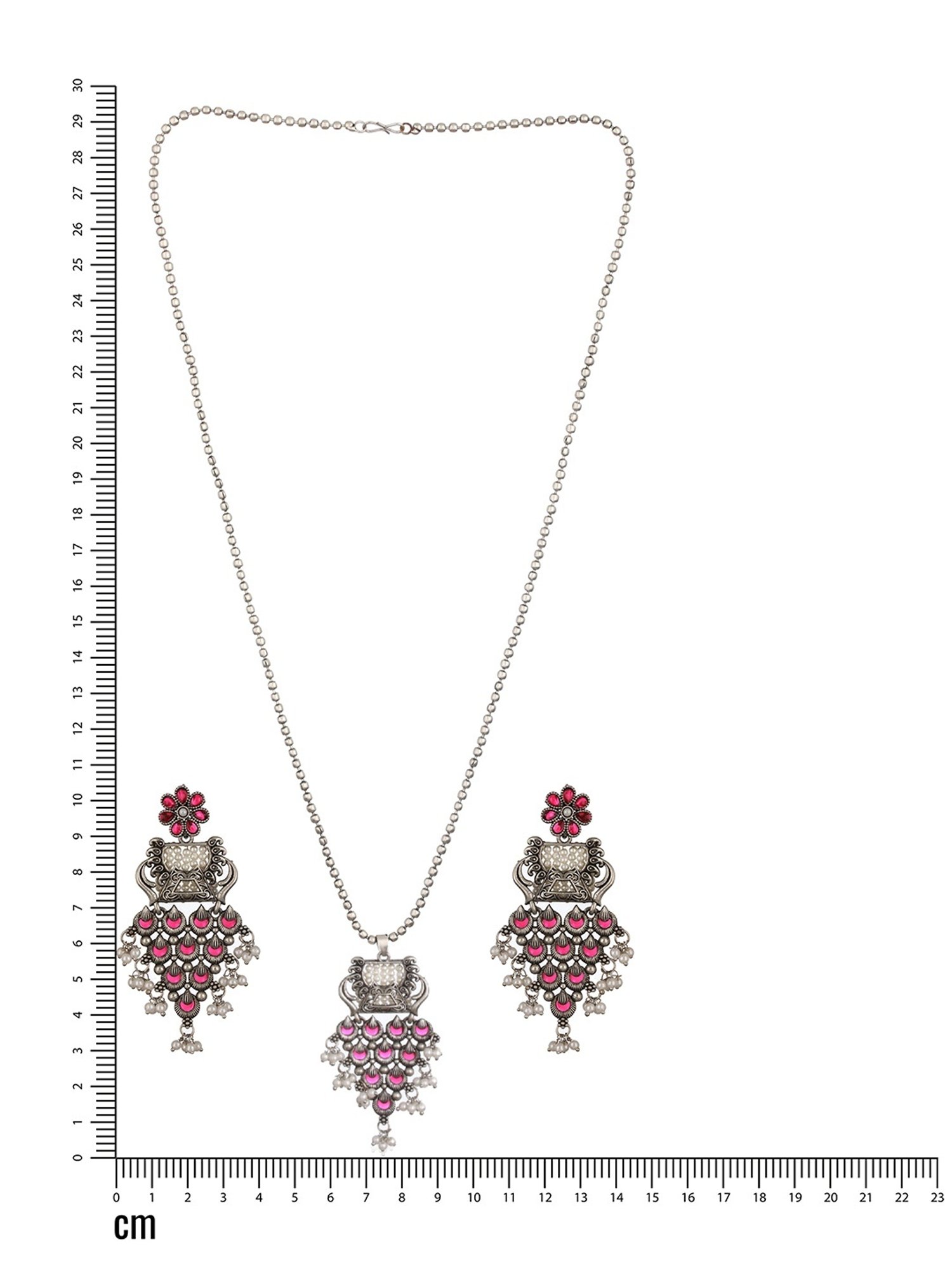 Aatmana Silver-Plated Red Stone Studded & Pearl Beaded Oxidized Necklace Set