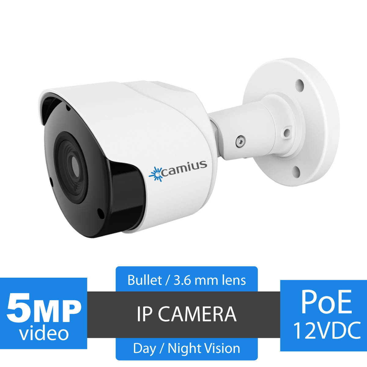 Camius PoE 8 Channel NVR Security Camera System with 3TB HDD, (4) Wired 5MP Outdoor IP PoE Bullet Cameras with motion, sound detection, Night Vision, NVR Software, Browser Viewer, Mobile App 8P4B3T