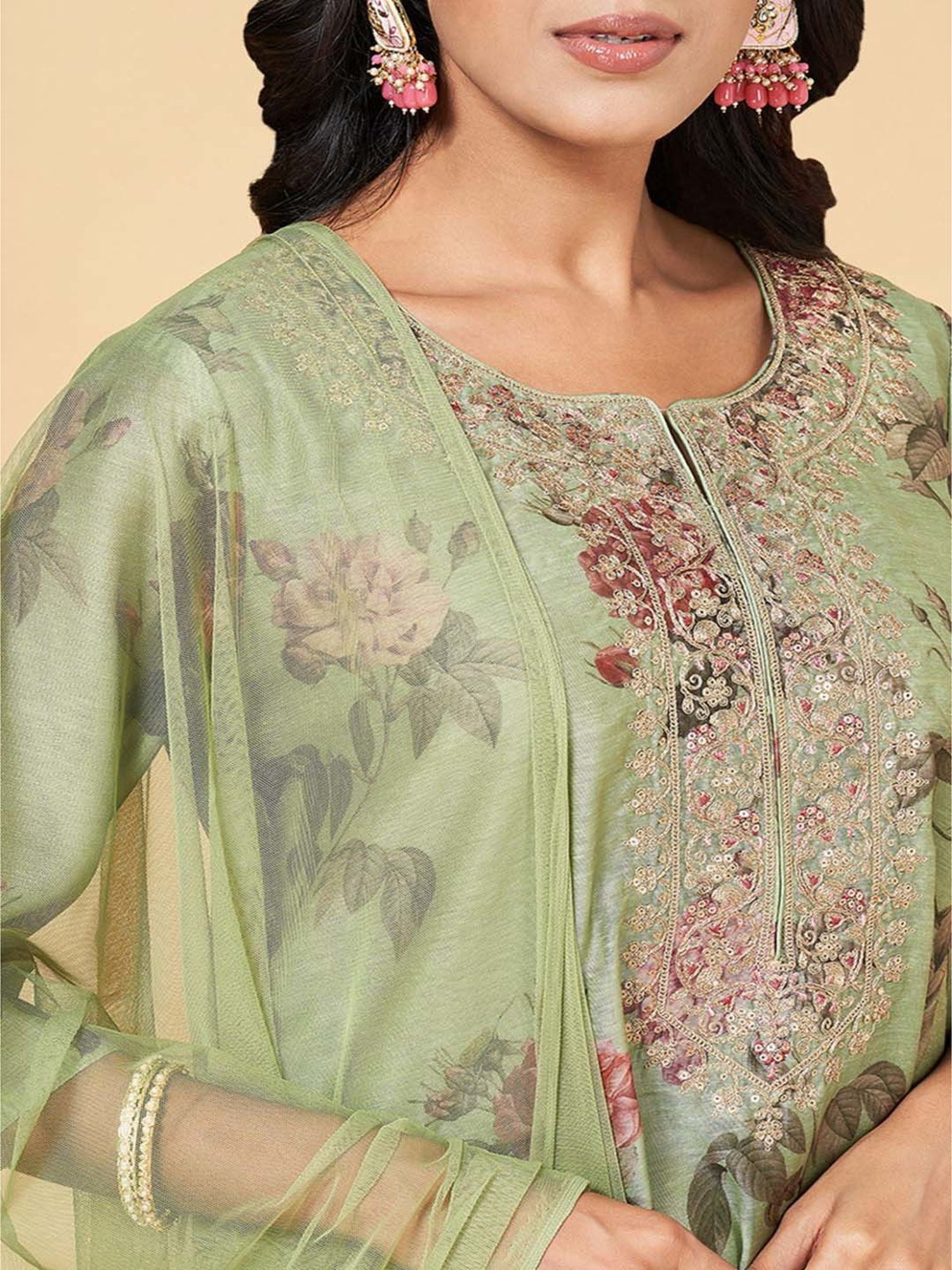 Rangmanch by Pantaloons Green Printed Kurti Palazzo Set With Dupatta