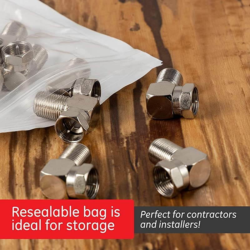 RightAngle FType Connector Adapter 25Pack for RG59 RG6 FType Coaxial Cables 90Degree MaletoFemale Connector ScrewOn Installation No Tools Required with Resealable Bag 51202