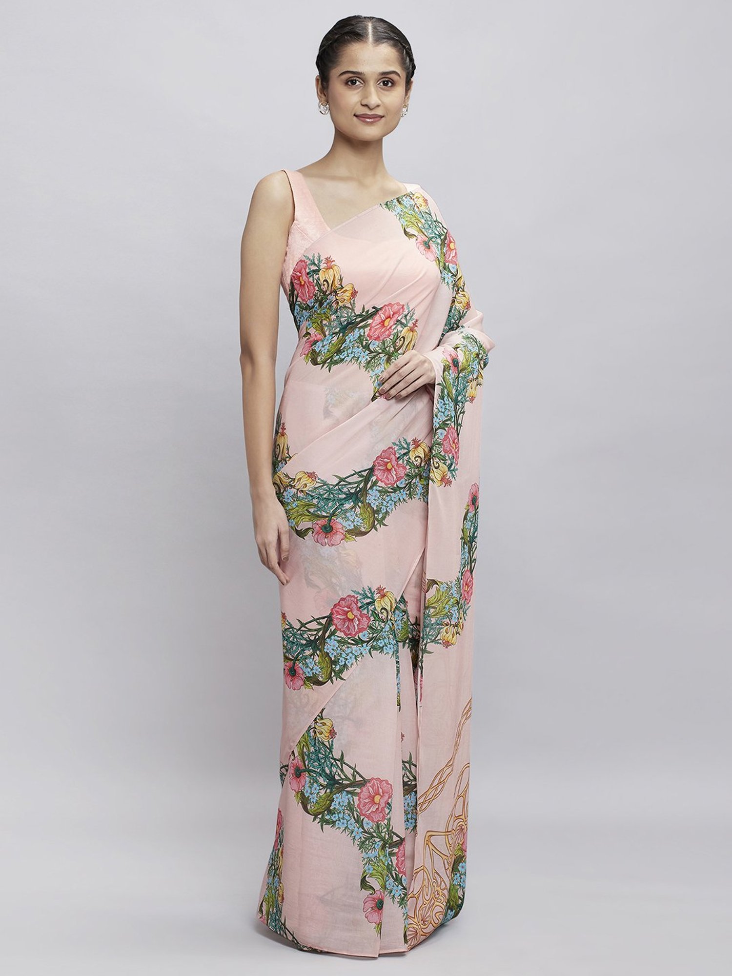 navyasa by liva Light Peach Floral Print Saree With Unstitched Blouse