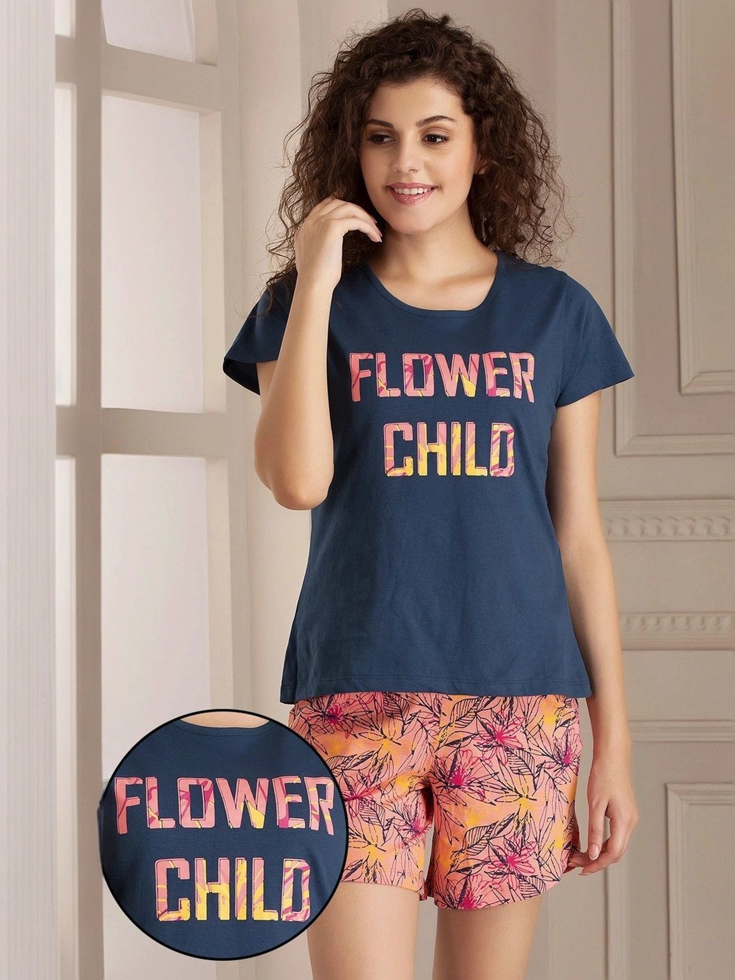 Clovia Navy & Peach Printed Top & Shorts Set