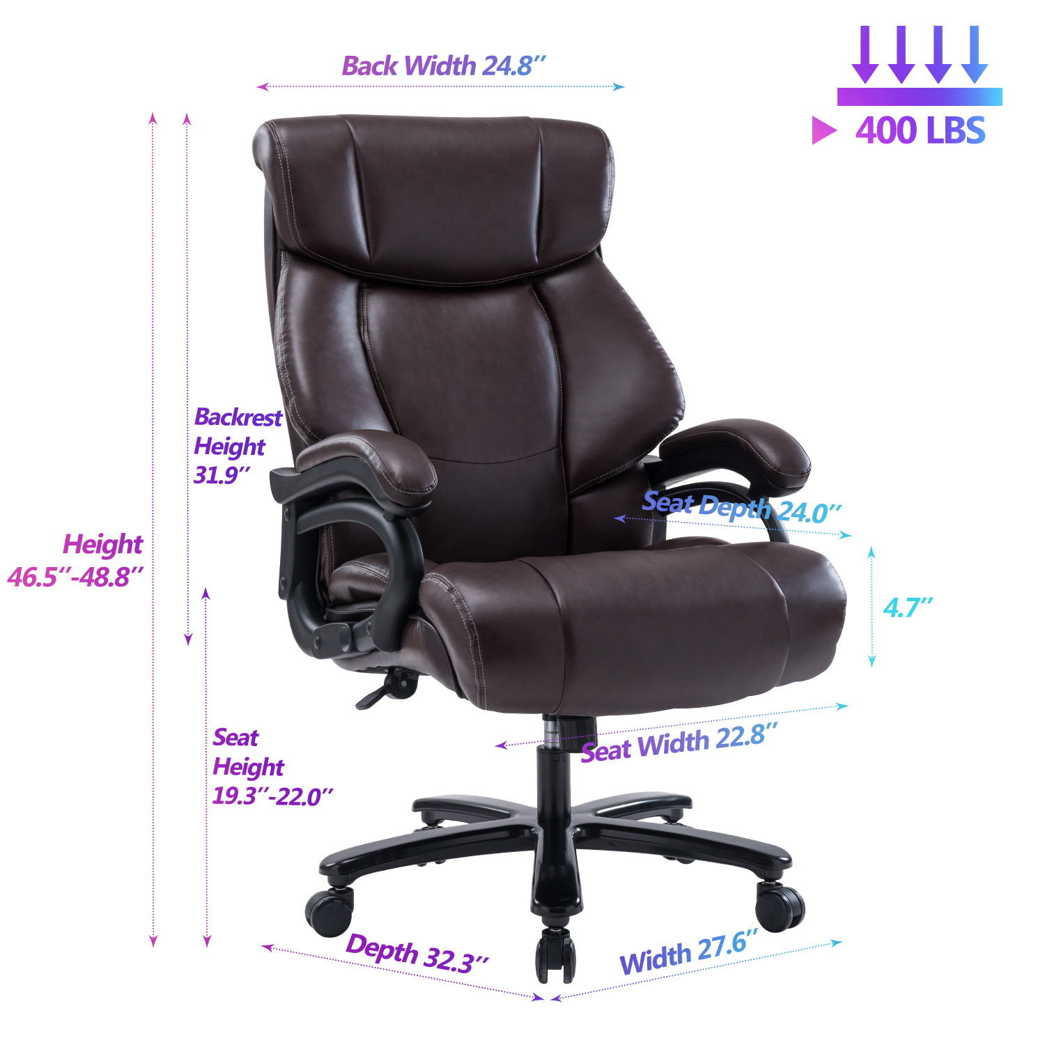 VANBOW  Big and Tall 400lb Executive Office Chair High Back Leather Heavy Duty Desk Computer Task Swivel Chairs with Adjustable Tilt Angle, Thick Padding and Ergonomic Design Lumbar Support, Brown
