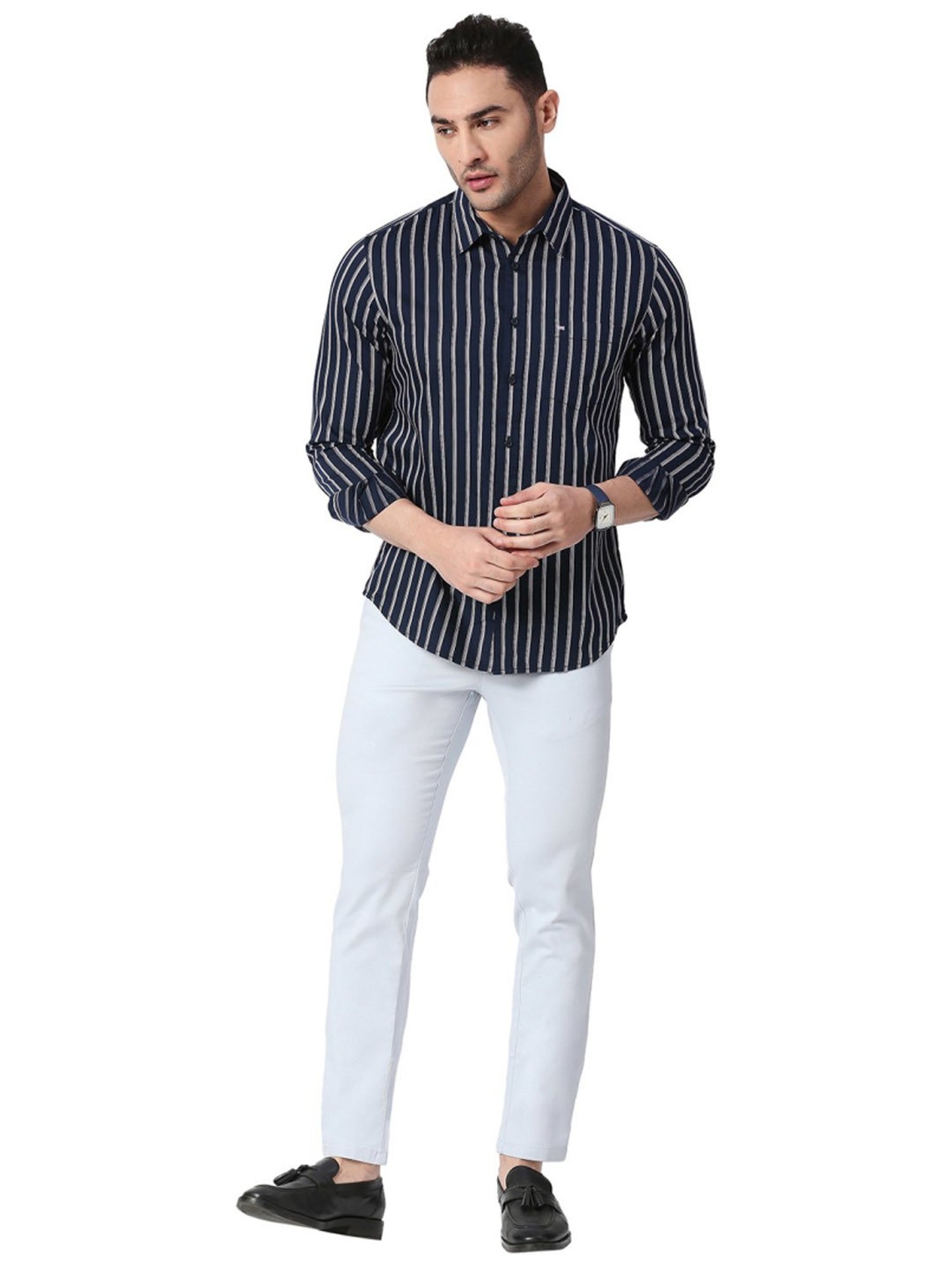 Basics Navy Slim Fit Striped Shirt