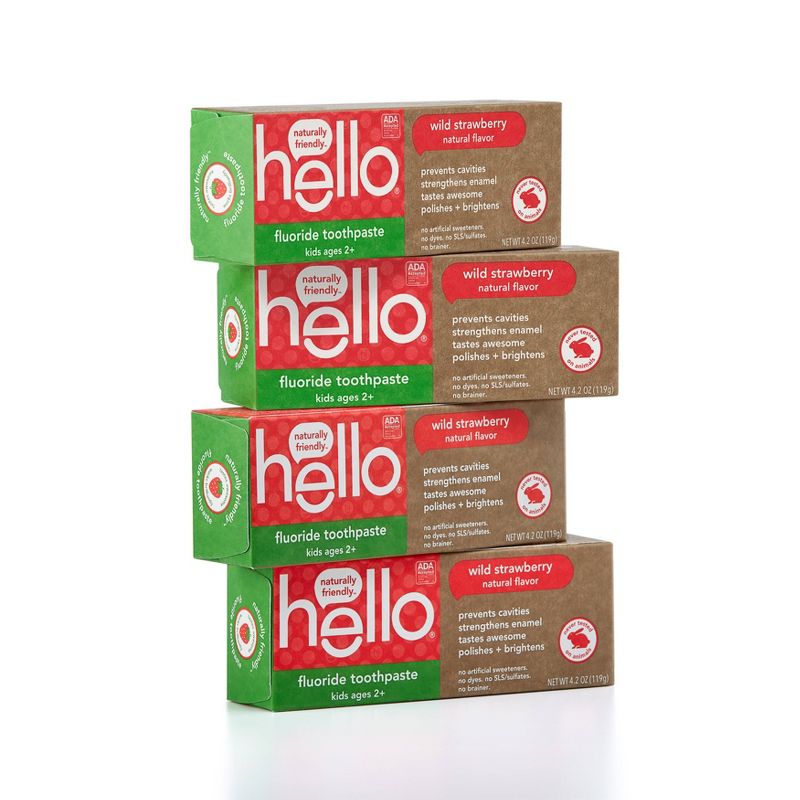 hello Kids ADA Approved Anti-cavity Fluoride Toothpaste SLS Free + Vegan Natural Wild Strawberry - 4.2oz/4pk