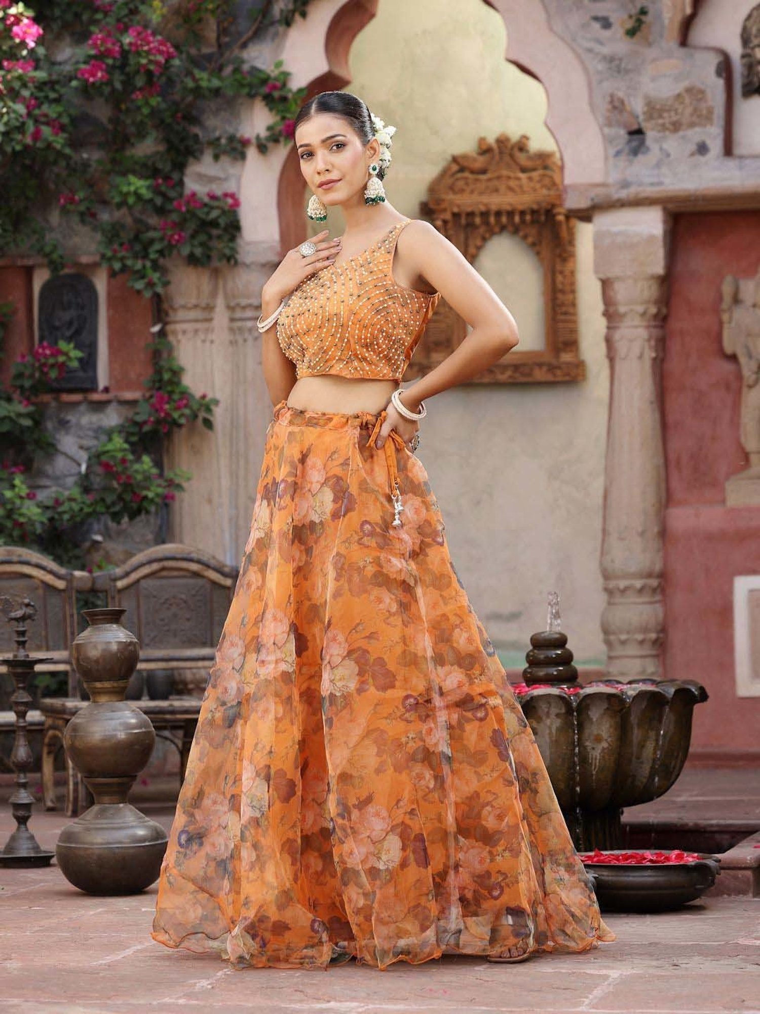 Stylum Orange Printed Lehenga Choli Set With Dupatta