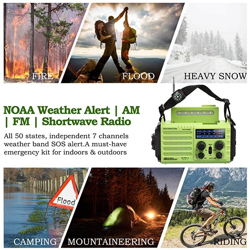 Emergency Solar Hand Crank Radio 5way Powered AMFMSWNOAA Weather Alert Radio Power Bank for Phone Charger SOS Loud AlarmLED FlashlightReading LampCompass for Camping Travelling Home