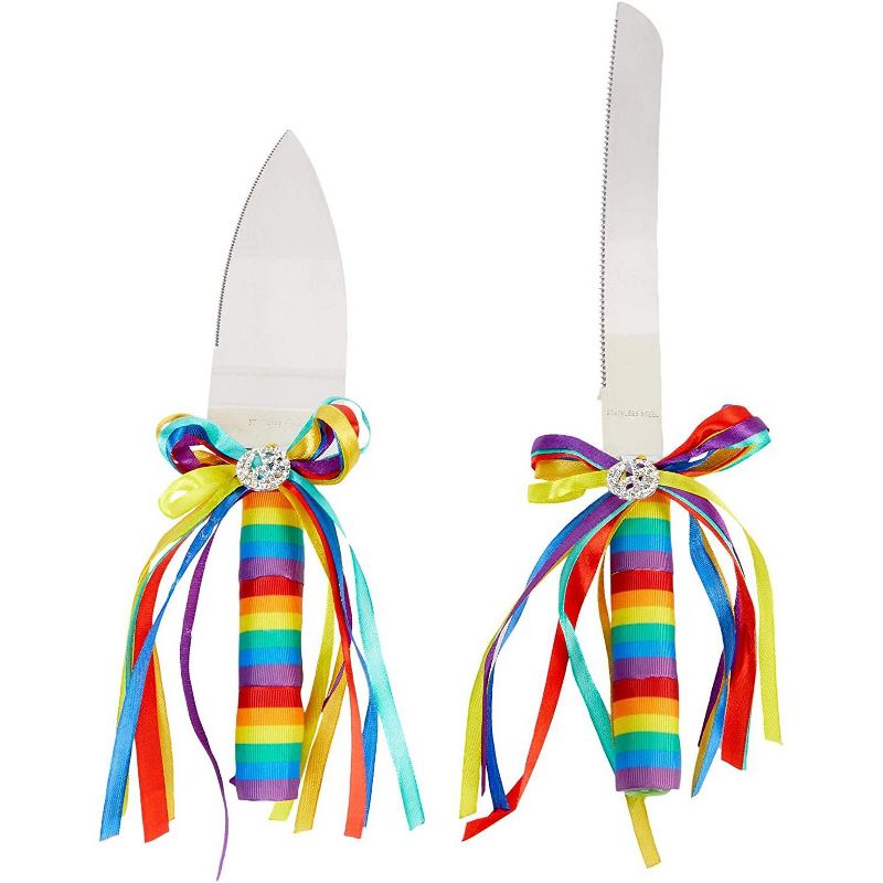 Sparkle and Bash 4 Piece LGBTQ Pride Rainbow Cake Cutting Set For Wedding Supplies, White