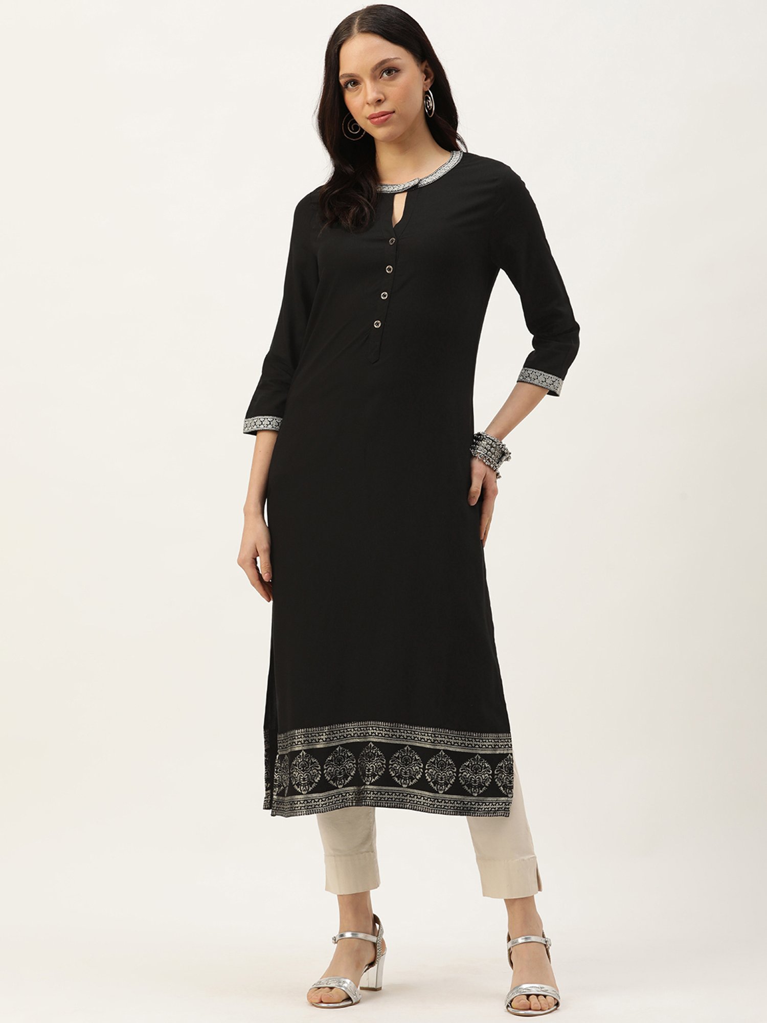 Amukti Black Rayon Embroidered Straight Kurta