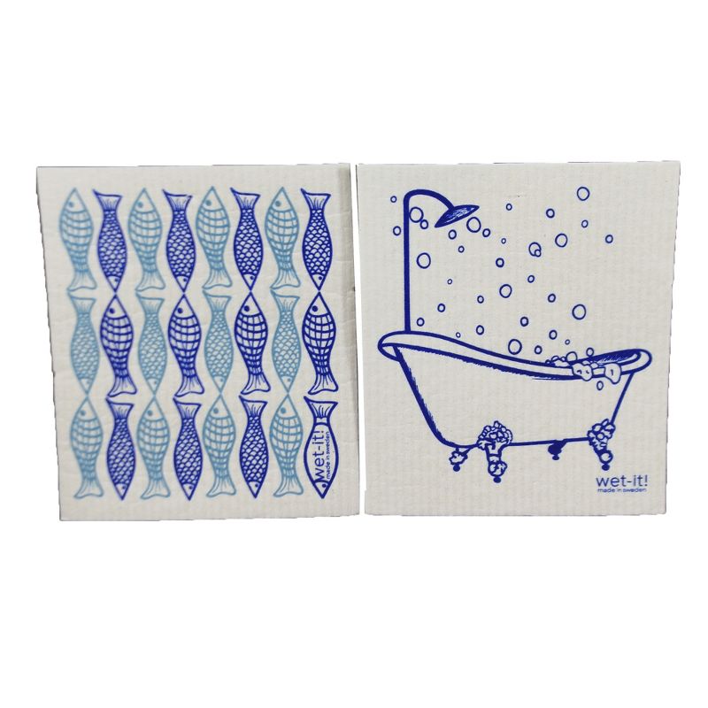 Swedish Dish Cloth 7.75" Fish & Clawfoot Tub Set / 2 Dishcloth Clean Up Kitchen  -  Dish Cloth
