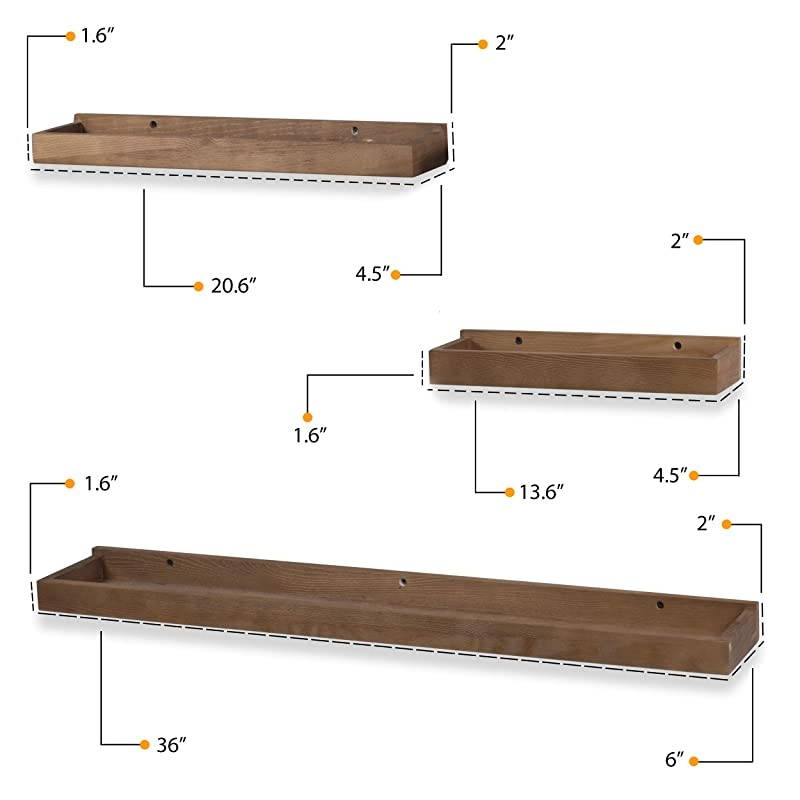 Philly Floating Shelves for Wall Wood Tray Bookshelf Set of 3 Walnut