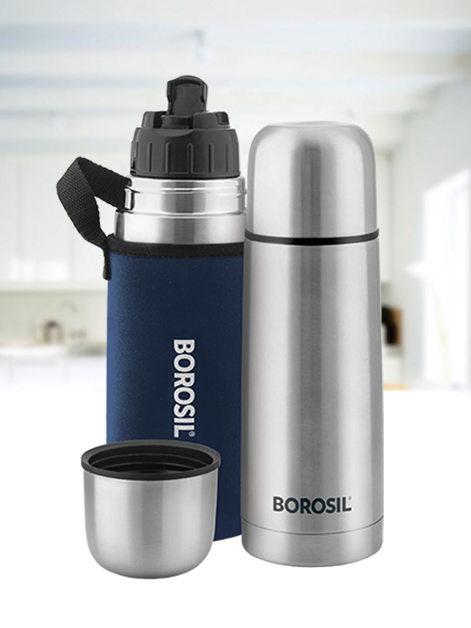 Borosil Silver Thermo Flip Type Stainless Steel Flask - 350 ml