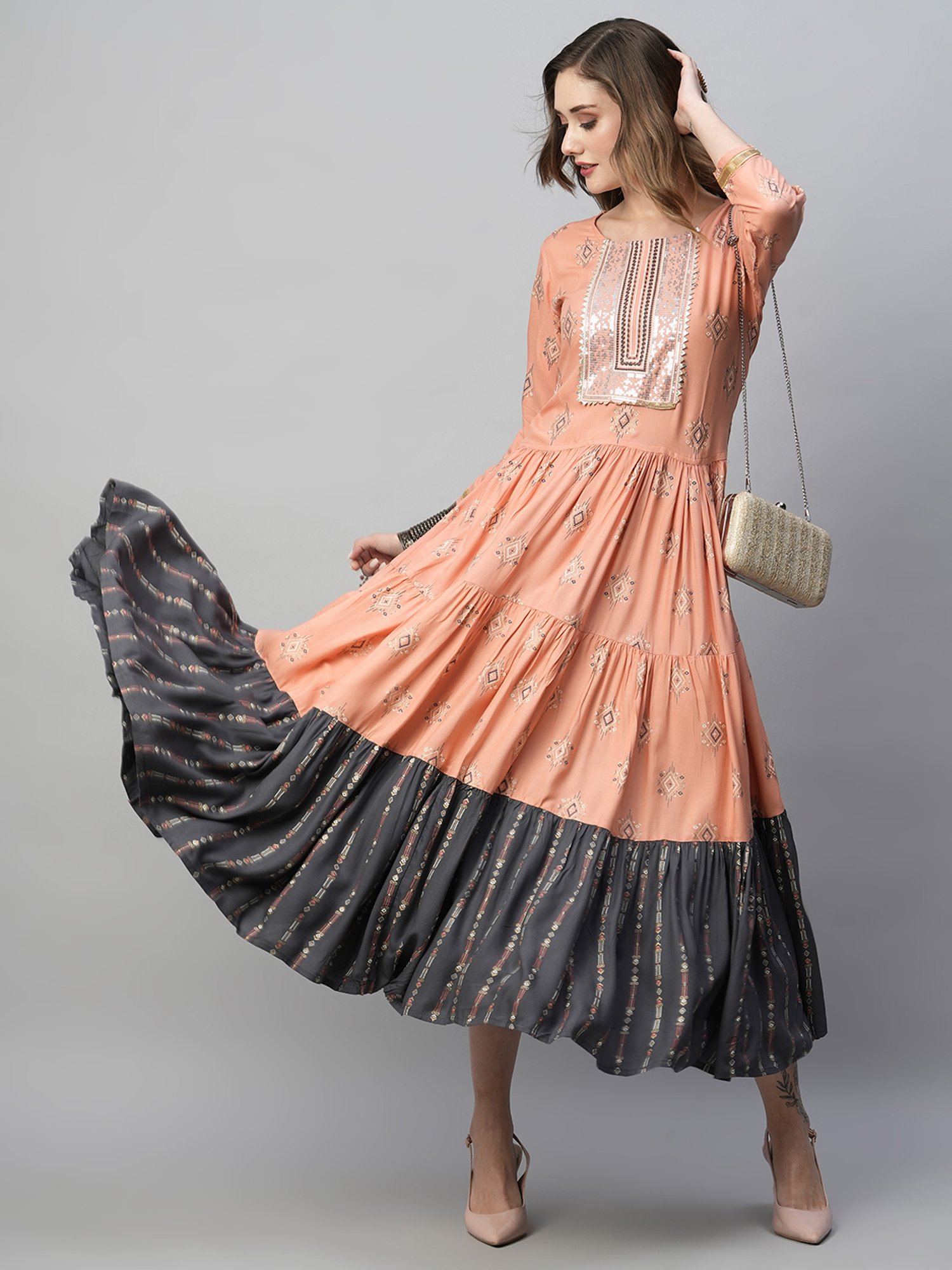 KIANA Peach Printed Maxi Dress