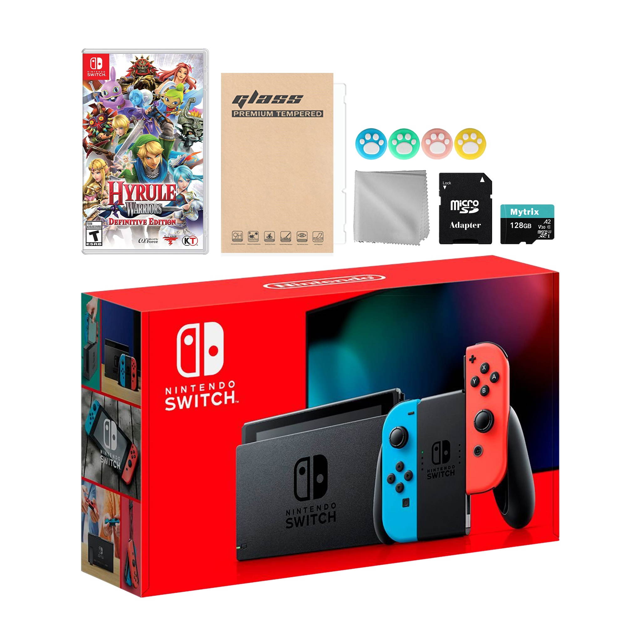 Nintendo Switch Neon Red Blue Joy-Con Console Set, Bundle With Hyrule Warriors And Mytrix Accessories