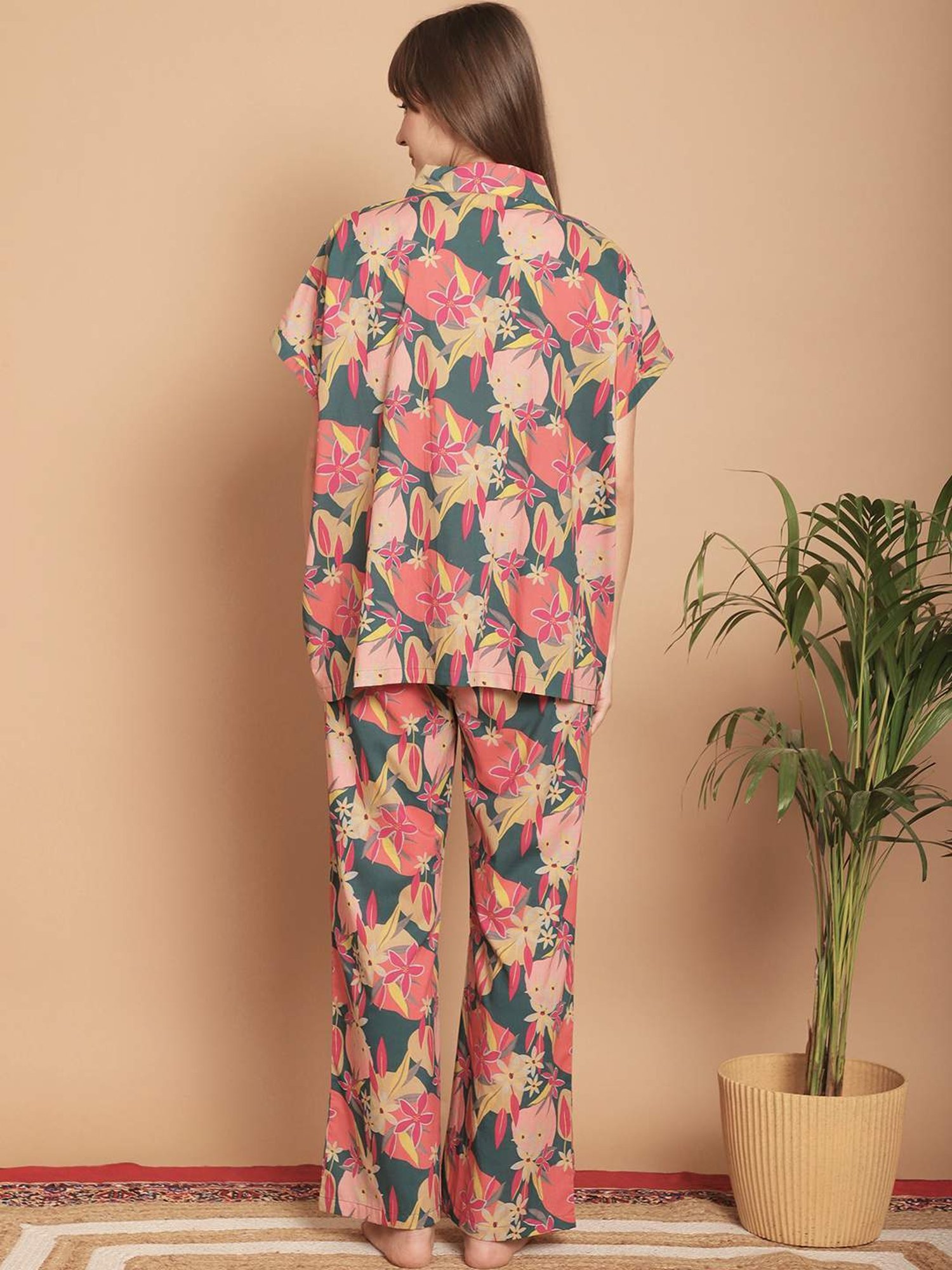 Kanvin Pink & Green Cotton Printed Shirt Pyjamas Set