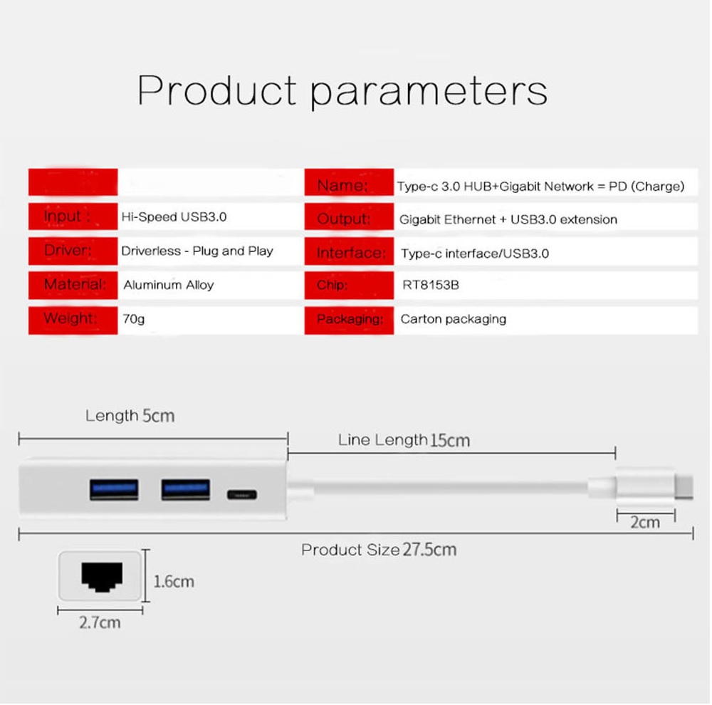 4 in 1 USB-C HUB Type-C to Gigabit Ethernet / USB C PD / 2 x USB3.0 Adapter, Support 1000Mbps Ethernet, USB-C PD Quick Charging and 2 USB 3.0 HUB for New MacBook, ChromeBook and Matebook.