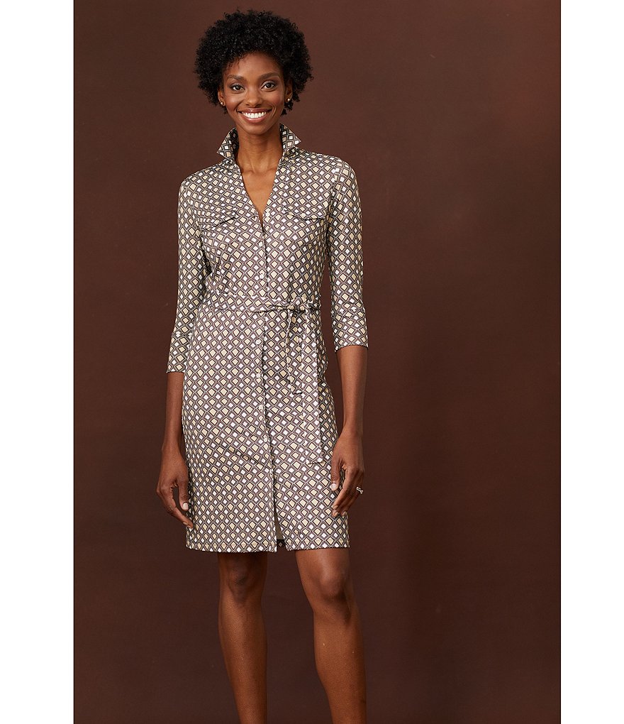 J.McLaughlin Brynn Geo Print Knit Jersey Button-Front Belted Point Collar V-Neck 3/4 Sleeve Shirtdress